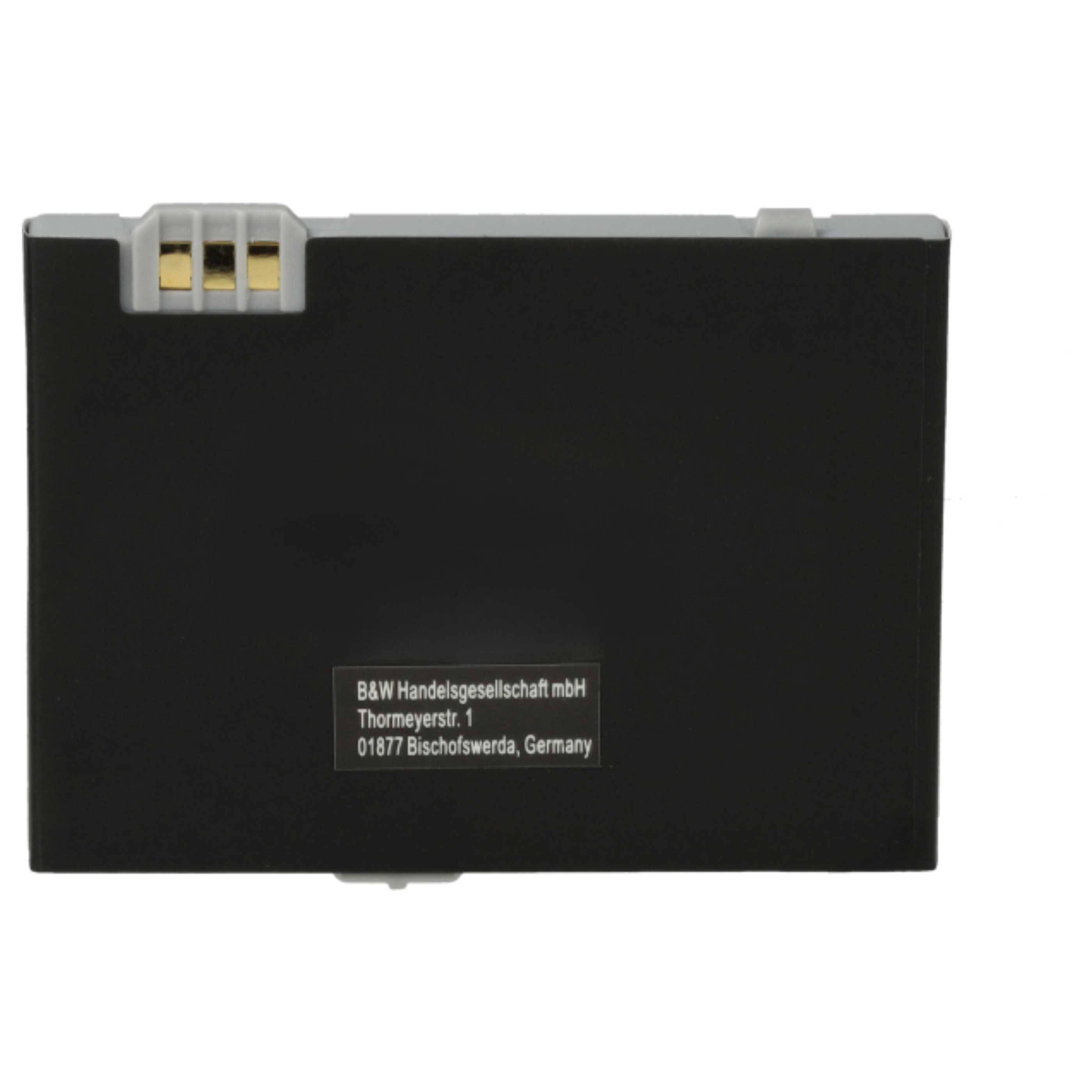 Schwarze rechteckige Batteriebatterie mit oberen elektrischen Kontakten und einem kleinen Etikett mit der Aufschrift „B&W Handelsgesellschaft mbH, Deutschland