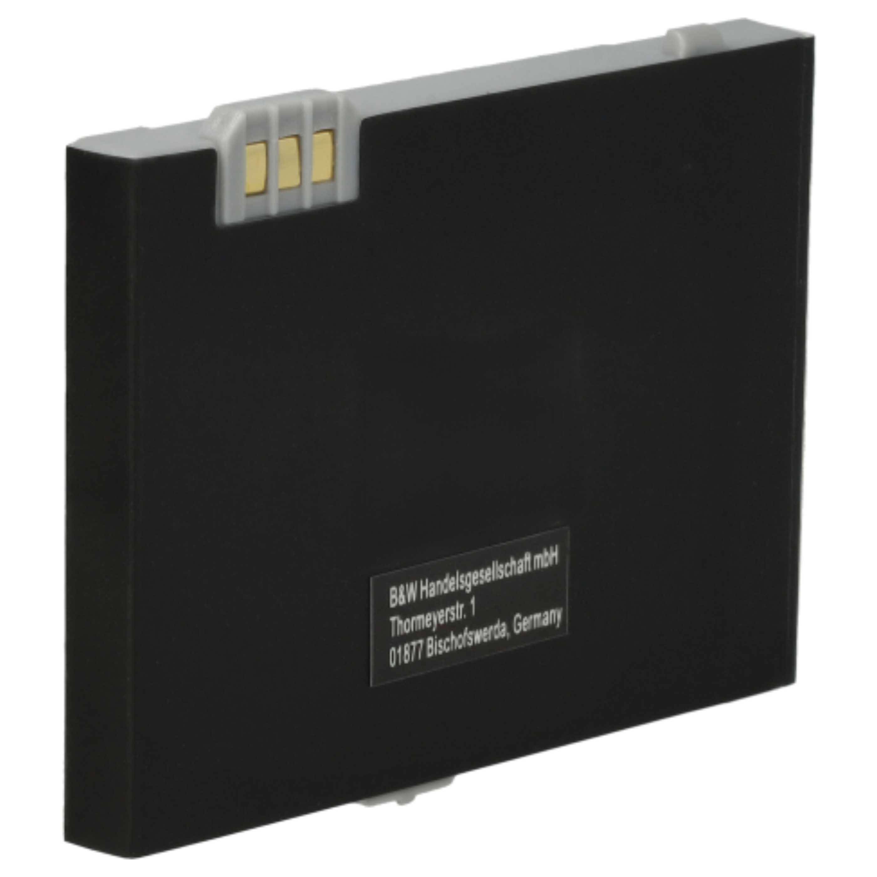 Schwarzes rechteckiges wiederaufladbares Batteriepaket mit freiliegenden goldenen Kontakten und einem kleinen Herstelleretikett auf der Vorderseite.