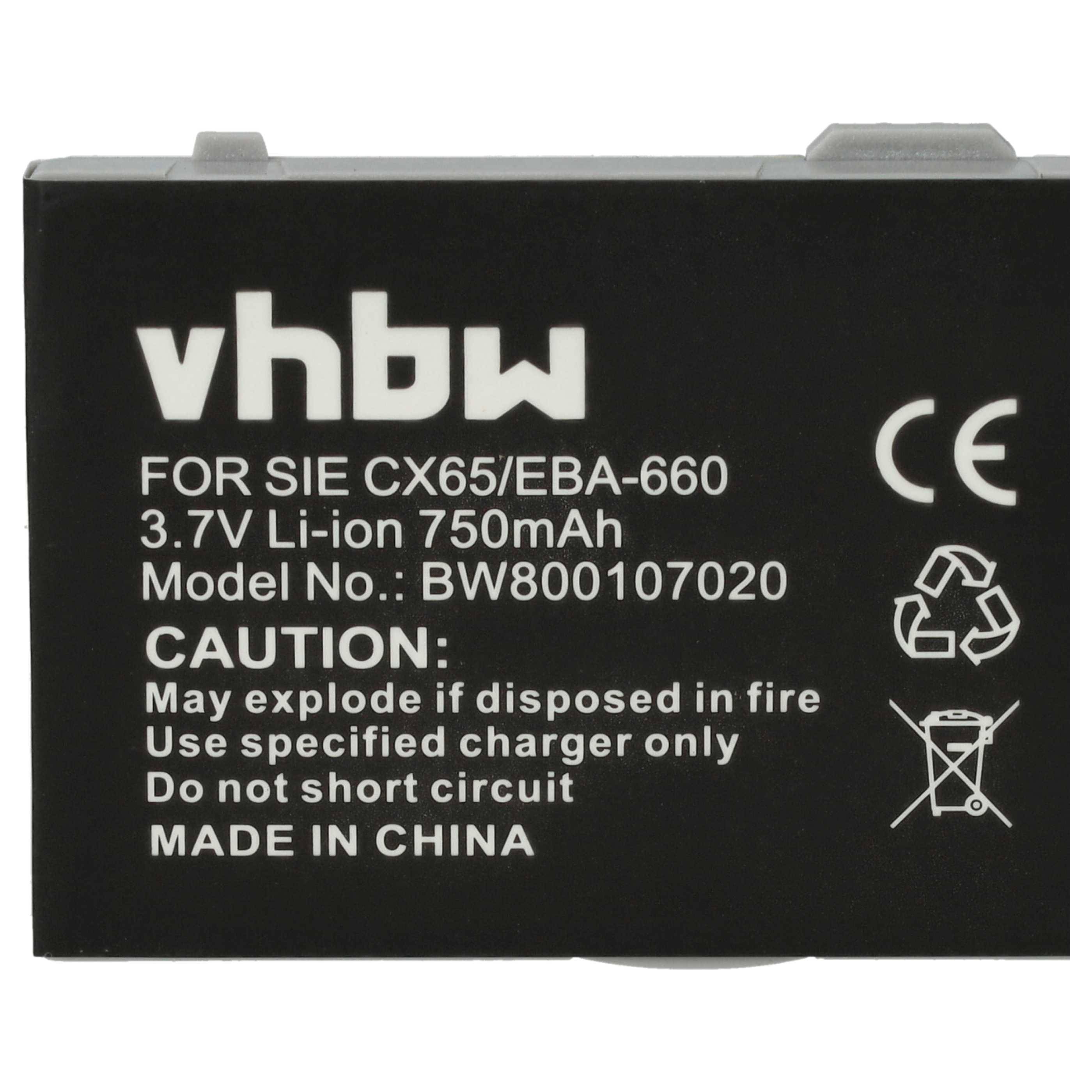Schwarzes wiederaufladbares Lithium-Ionen-Akkuetikett für SIE CX65/EBA-660, 3,7V 750mAh, mit Vorsichts- und Recycling-Symbolen.