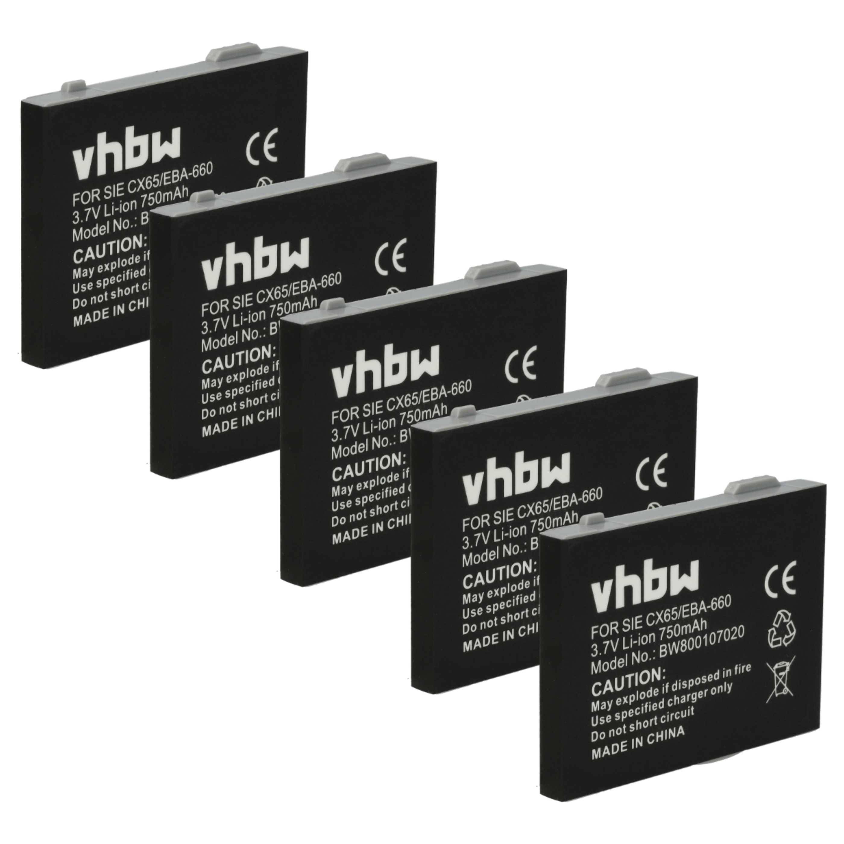 Fünf schwarze wiederaufladbare vhbw Kamerabatterien diagonal angeordnet, gekennzeichnet für Siemens CX65/EBA-660, 3,7V Li-Ion 750mAh.