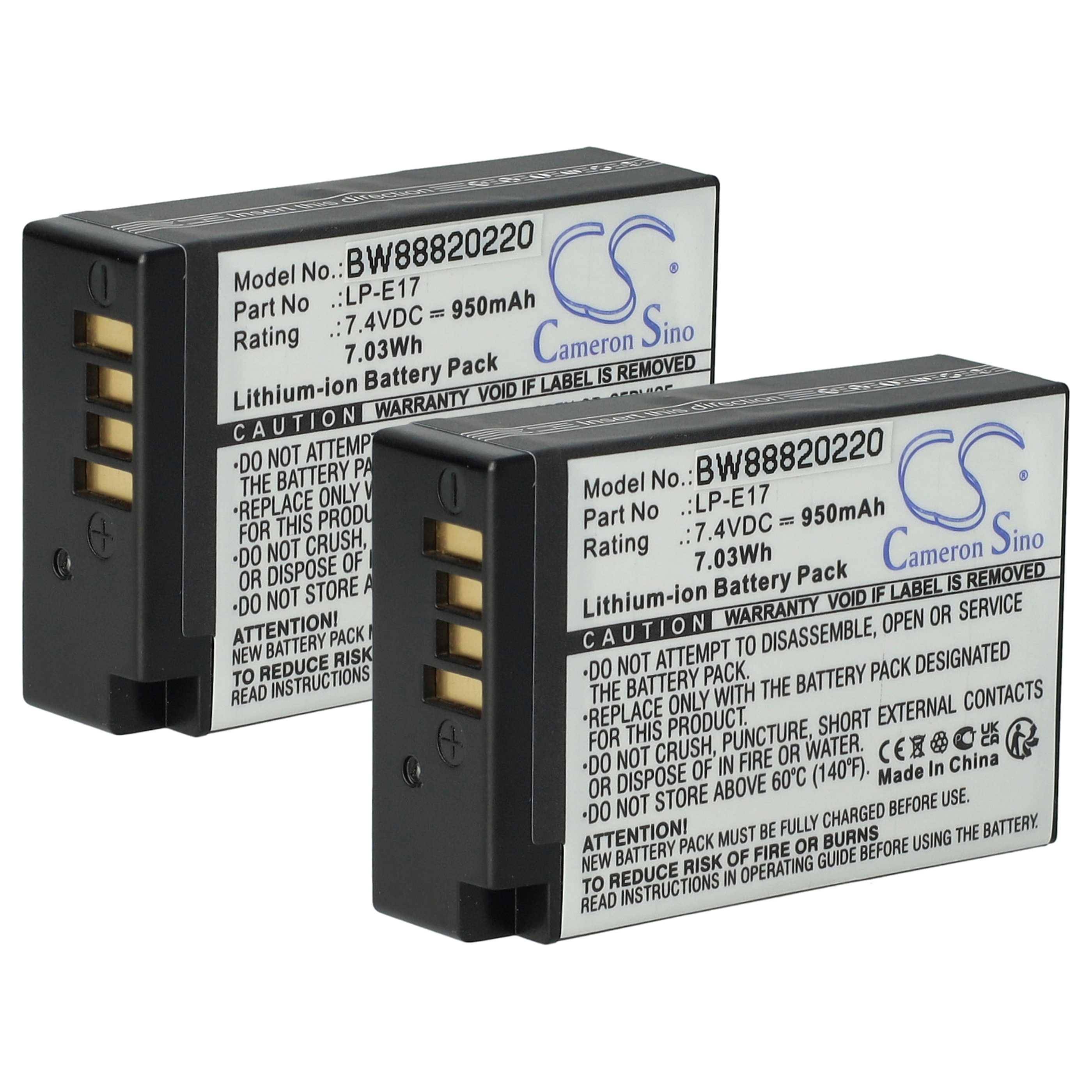 Zwei Lithium-Ionen-Kamerabatterien mit der Bezeichnung Cameron Sino, Modell LP-E17, 7,4V 950mAh, nebeneinander dargestellt.