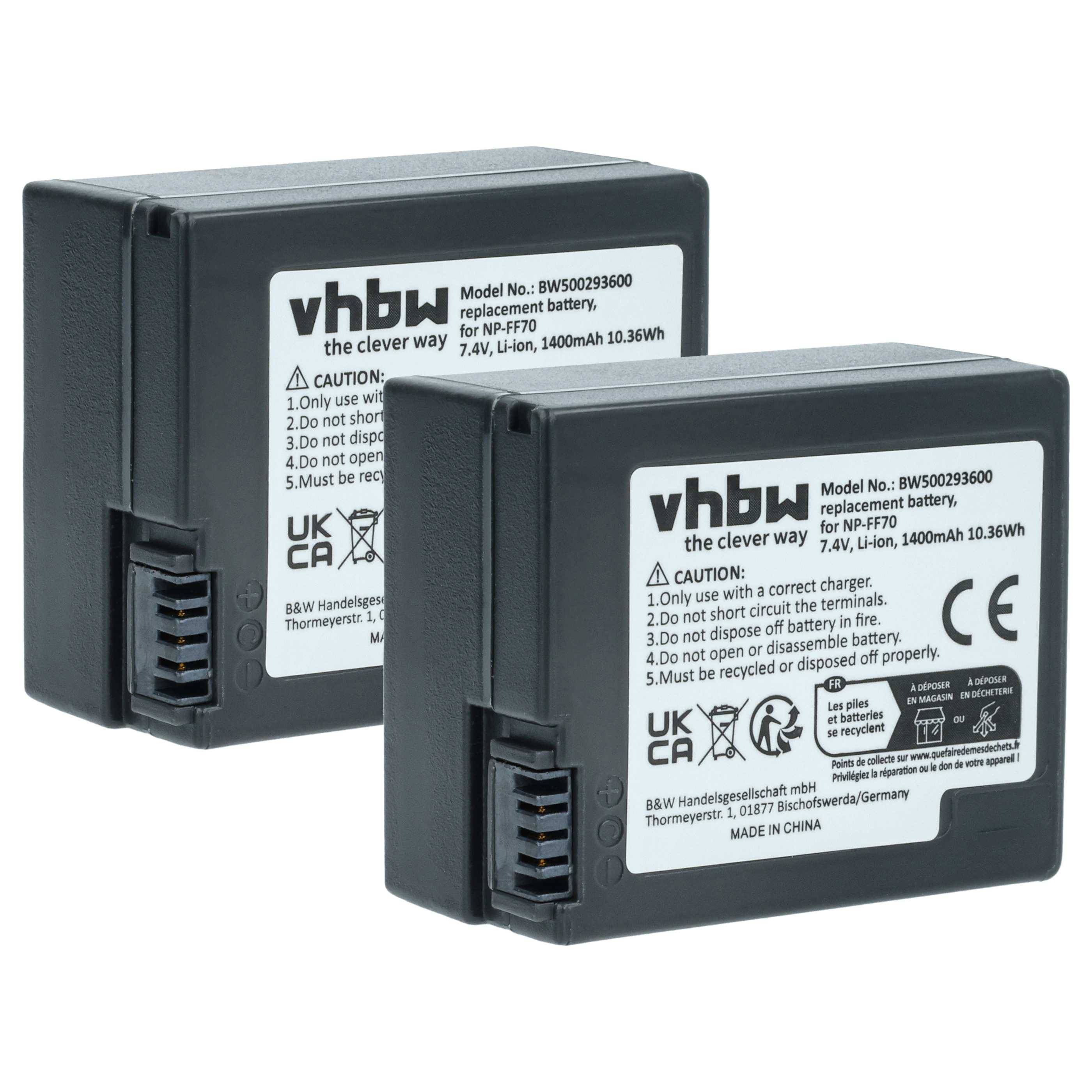 Zwei schwarze vhbw Akku-Batterien für Kameras nebeneinander abgebildet, jede mit der Aufschrift 7,4V, 1400mAh, 10,36Wh.