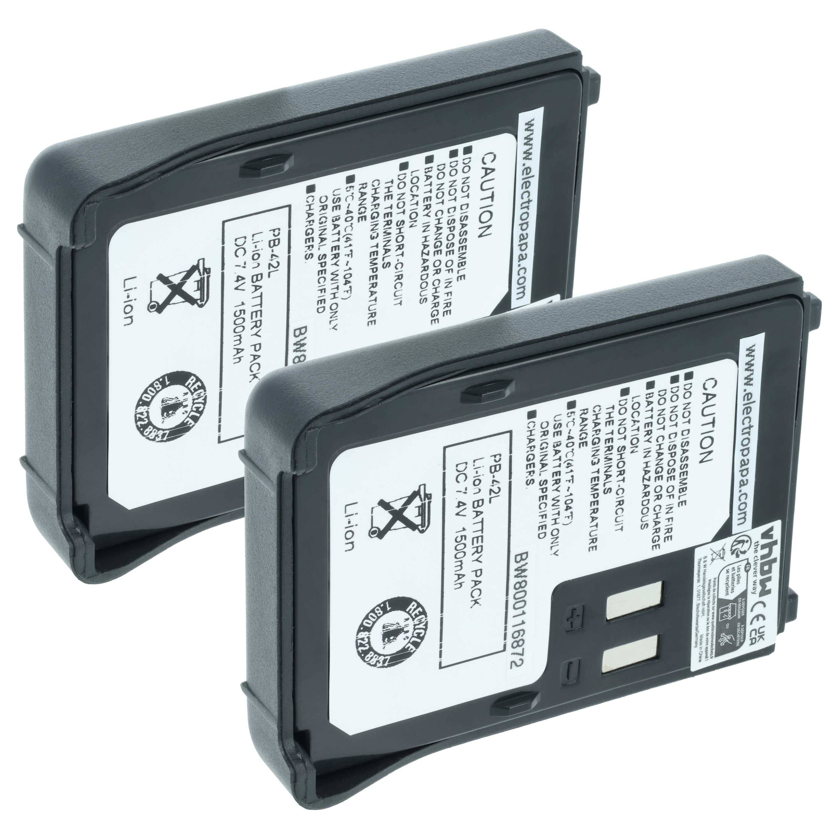 Zwei schwarze Lithium-Ionen-Kamerabatterien nebeneinander angezeigt, gekennzeichnet mit 7,4V 1500mAh mit Warntext und Anschlusskontakten.