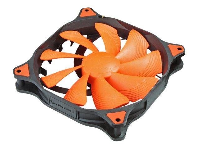 Orange und schwarzer Computer-Kühlventilator mit gebogenen Blättern in einem quadratischen Rahmen, auf weißem Hintergrund gezeigt.