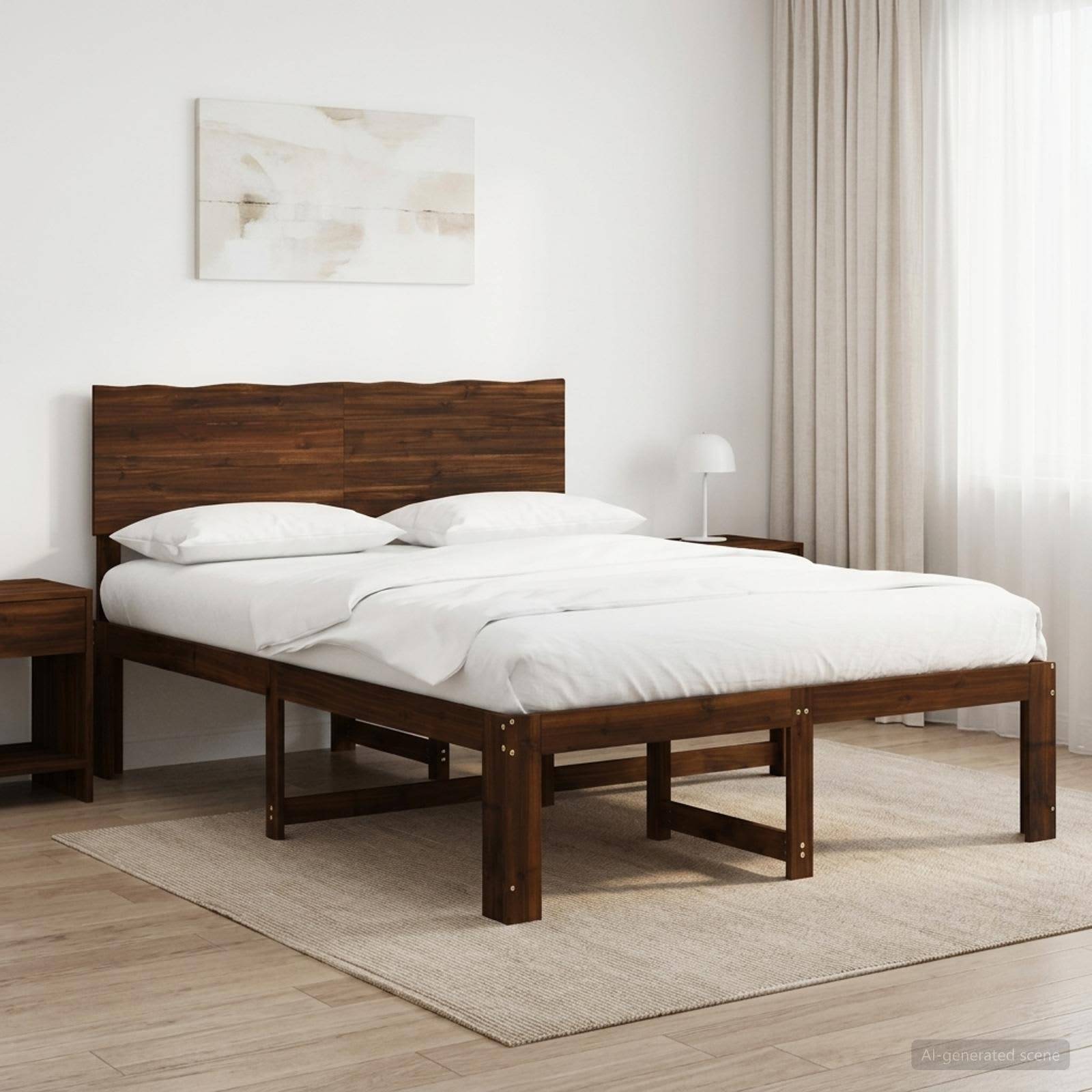 Minimales Schlafzimmer mit einem Holzbett, weißer Bettwäsche, Nachttischen, Lampe, Vorhängen und einem hellen Teppich in einem hellen, aufgeräumten Raum.