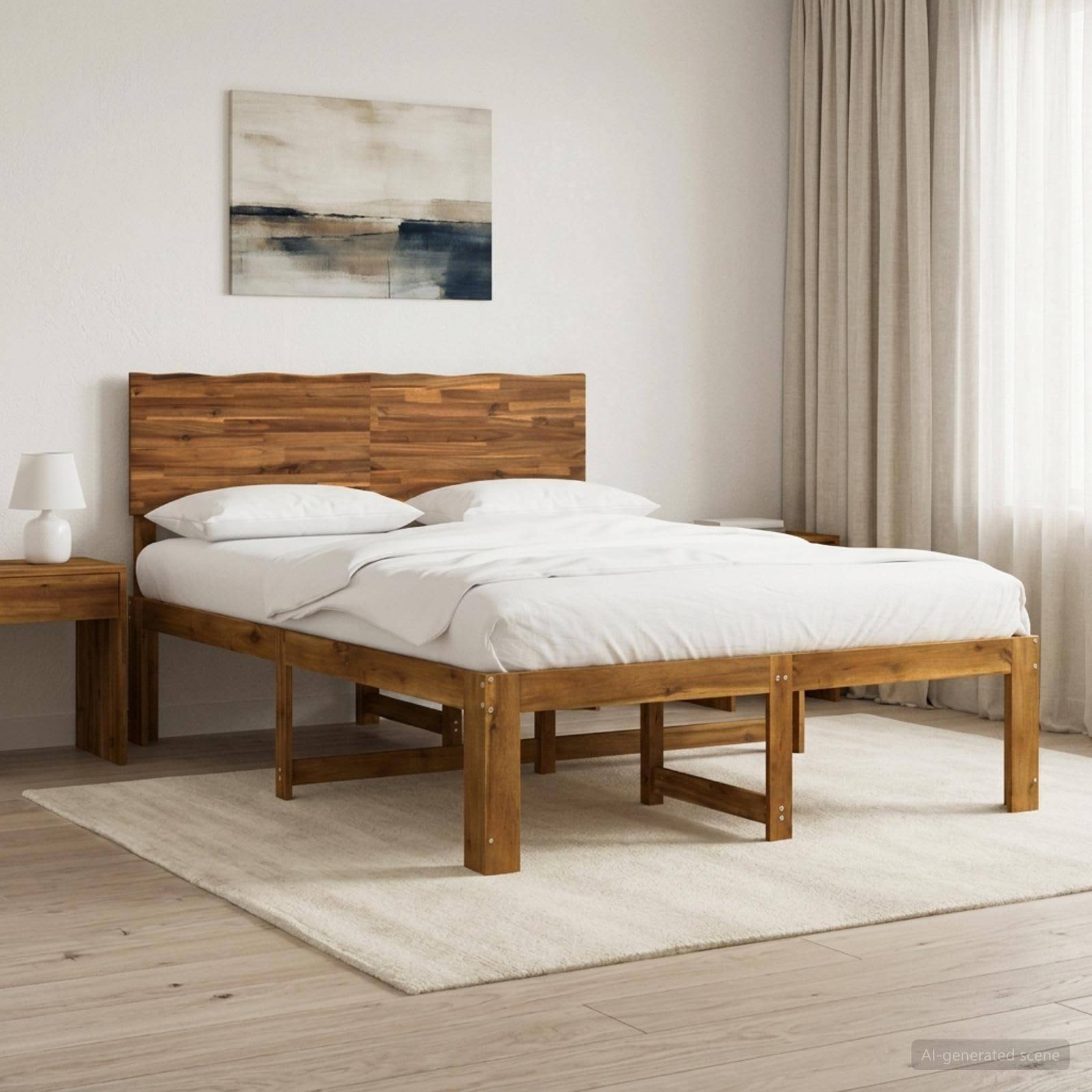 Minimalistisches Schlafzimmer mit einem Holzbett, weißer Bettwäsche, Nachttisch mit Lampe, abstrakter Wandkunst und Vorhängen an einem hellen Fenster.
