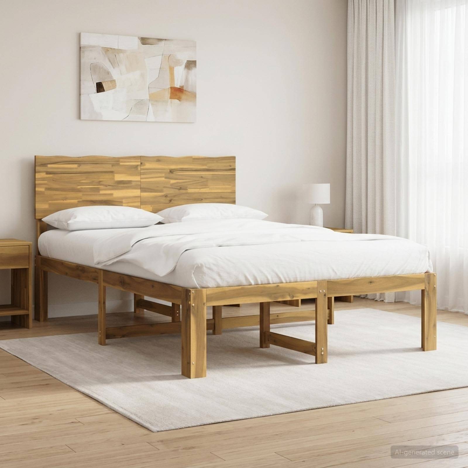 Modernes Schlafzimmer mit Holzbettrahmen, weißer Bettwäsche, Nachttisch, Lampe, Wandkunst und großem Fenster mit transparenten Gardinen.