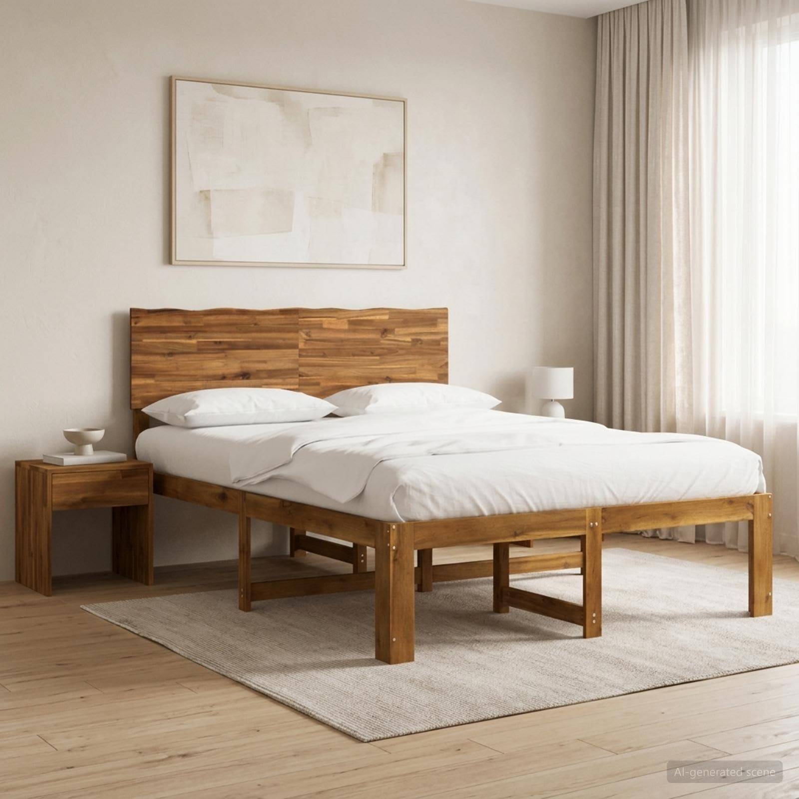 Minimales Schlafzimmer mit einem Holzbett, weißer Bettwäsche, Nachttischen, gerahmten Wandbildern und durchscheinenden Vorhängen neben einem hellen Fenster.