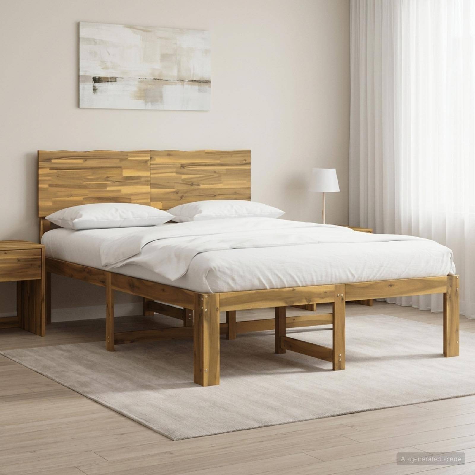 Modernes Schlafzimmer mit einem Holzbett, weißer Bettwäsche, Nachttisch, Lampe, abstrakter Wandkunst und durchscheinenden Vorhängen auf einem hellen Teppich.