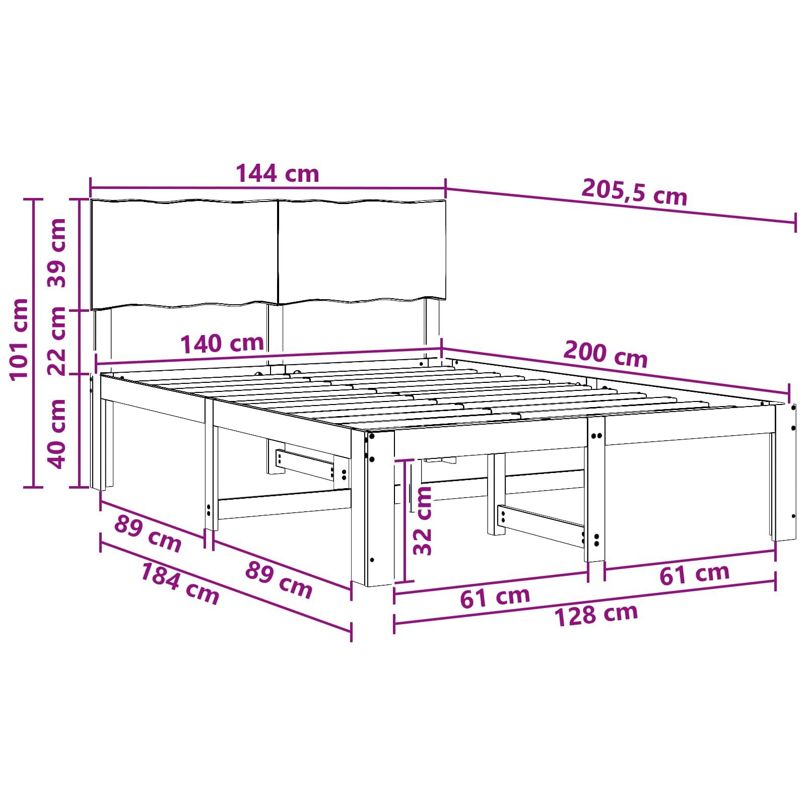 Dimensioniertes Diagramm eines Bettgestells mit Kopfteil, das die Gesamtgröße und wichtige Maße in cm zeigt, einschließlich einer Länge von 205,5 cm und einer Breite von 144 cm.