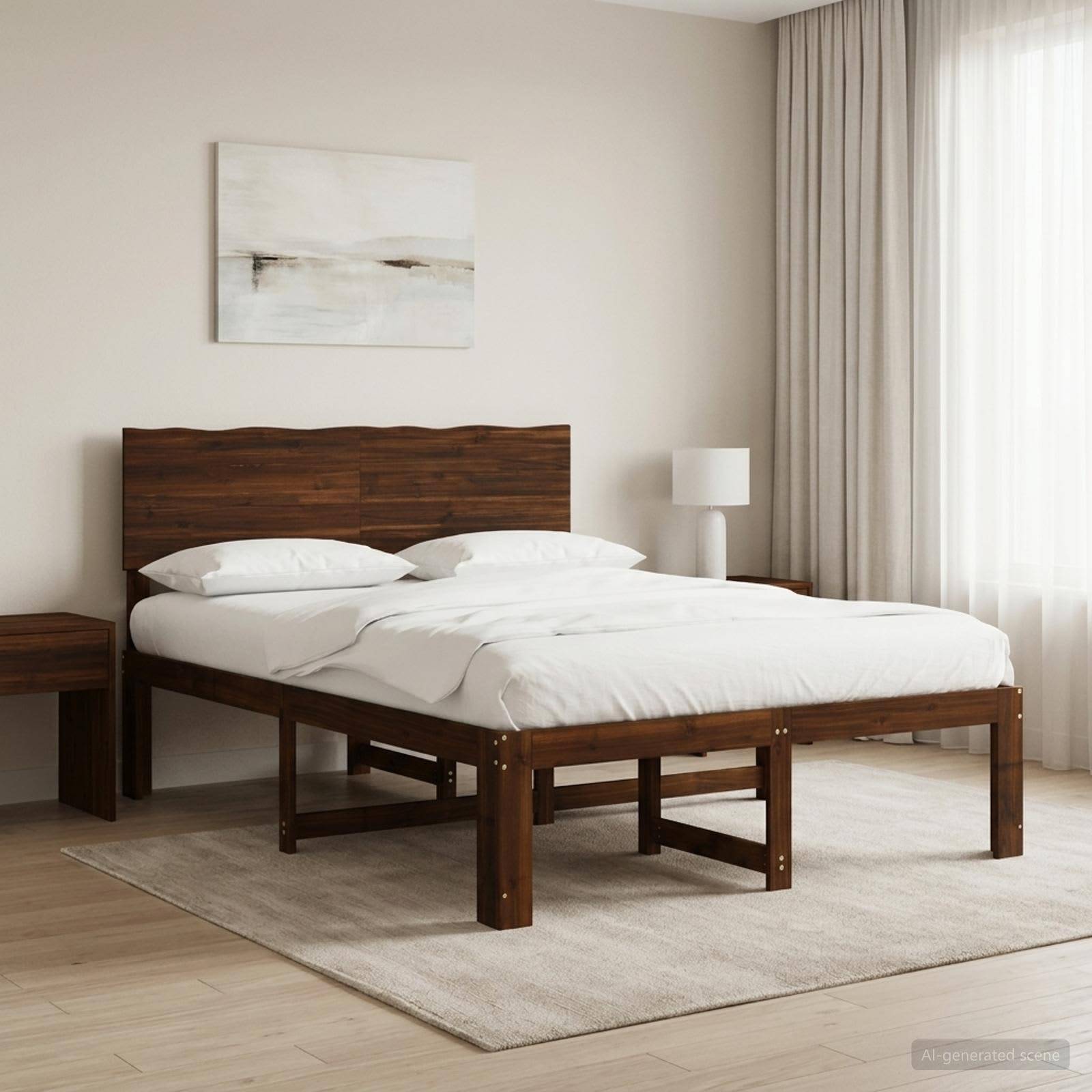 Minimales Schlafzimmer mit einem Holzbett, weißer Bettwäsche, Nachttisch, Lampe und transparenten Vorhängen neben einem hellen Fenster.