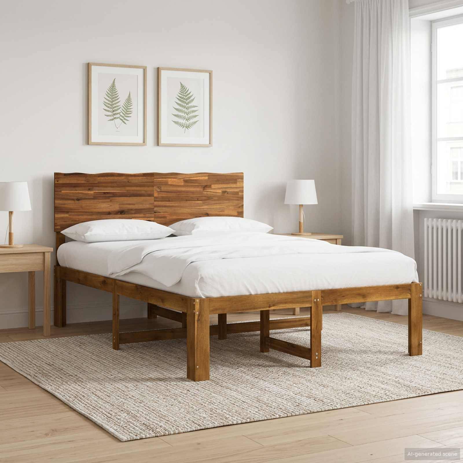 Minimales Schlafzimmer mit einem Holzbett, weißer Bettwäsche, Nachttischen und Lampen, gerahmter Blattkunst, einem Teppich und Tageslicht von einem Fenster.