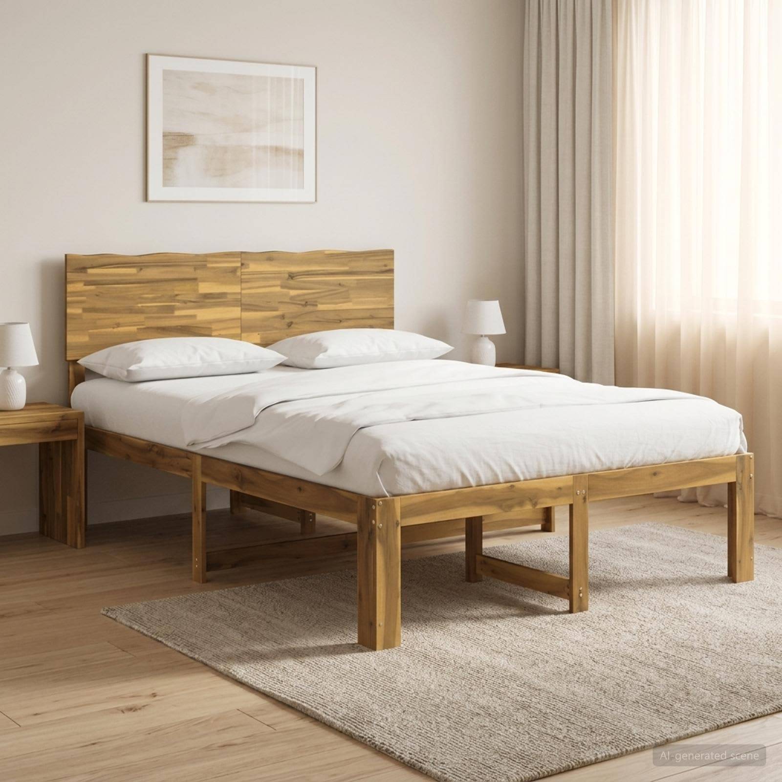 Ein minimalistisches Schlafzimmer mit einem Holzbett, bezogen mit weißer Bettwäsche, einem gerahmten Druck über dem Kopfende, Nachttischen und einem großen Fenster mit Vorhängen.