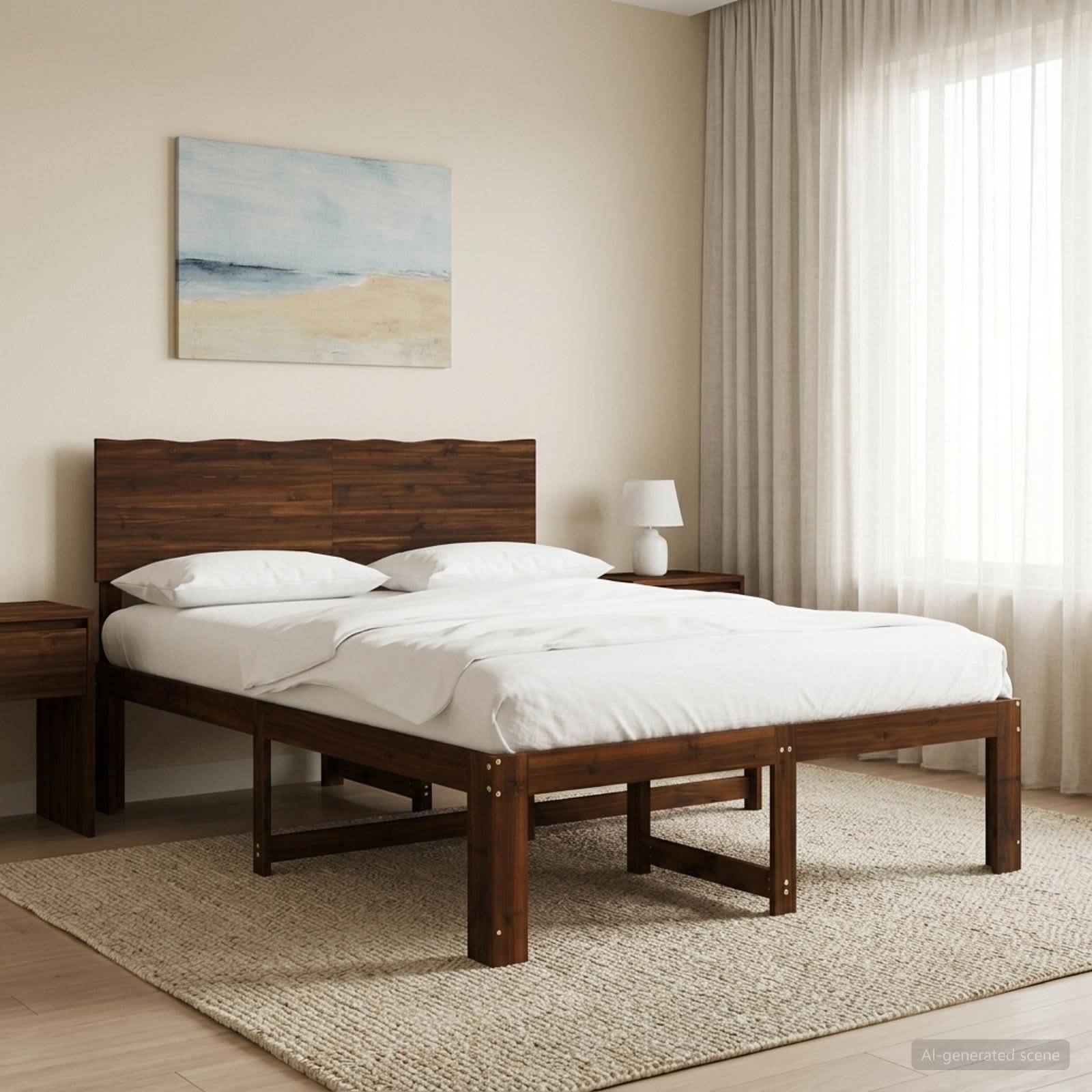 Ein ordentlich gemachtes Bett mit weißer Bettwäsche und Holzrahmen in einem minimalistischen Schlafzimmer, mit Nachttischen, einer Lampe, Wandkunst und transparenten Vorhängen.