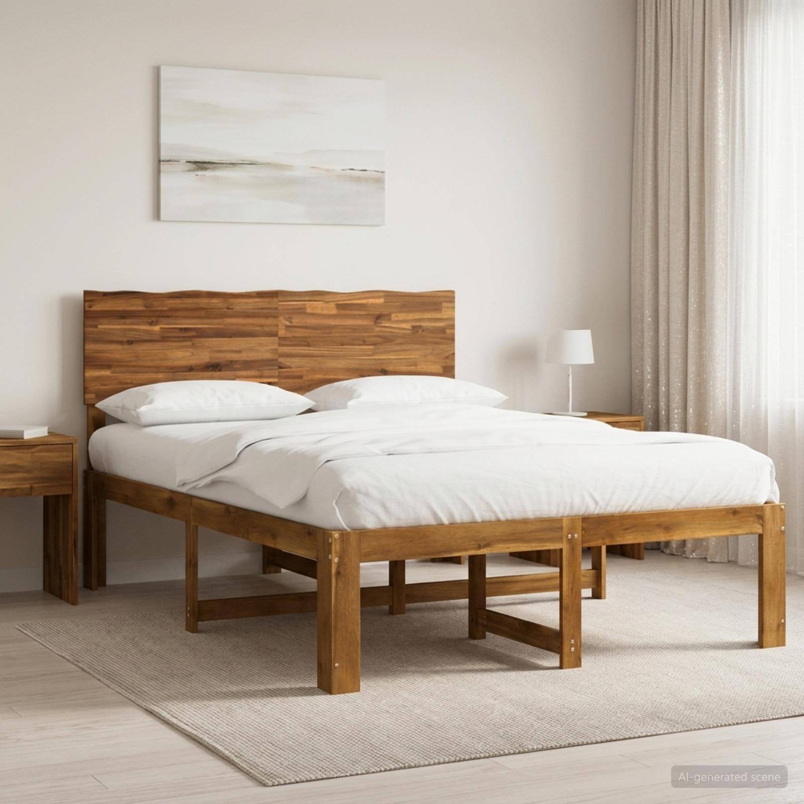 Minimales Schlafzimmer mit einem Holzbett, weißer Bettwäsche, Nachttischen und leichten Vorhängen in einem neutralen, luftigen Raum.
