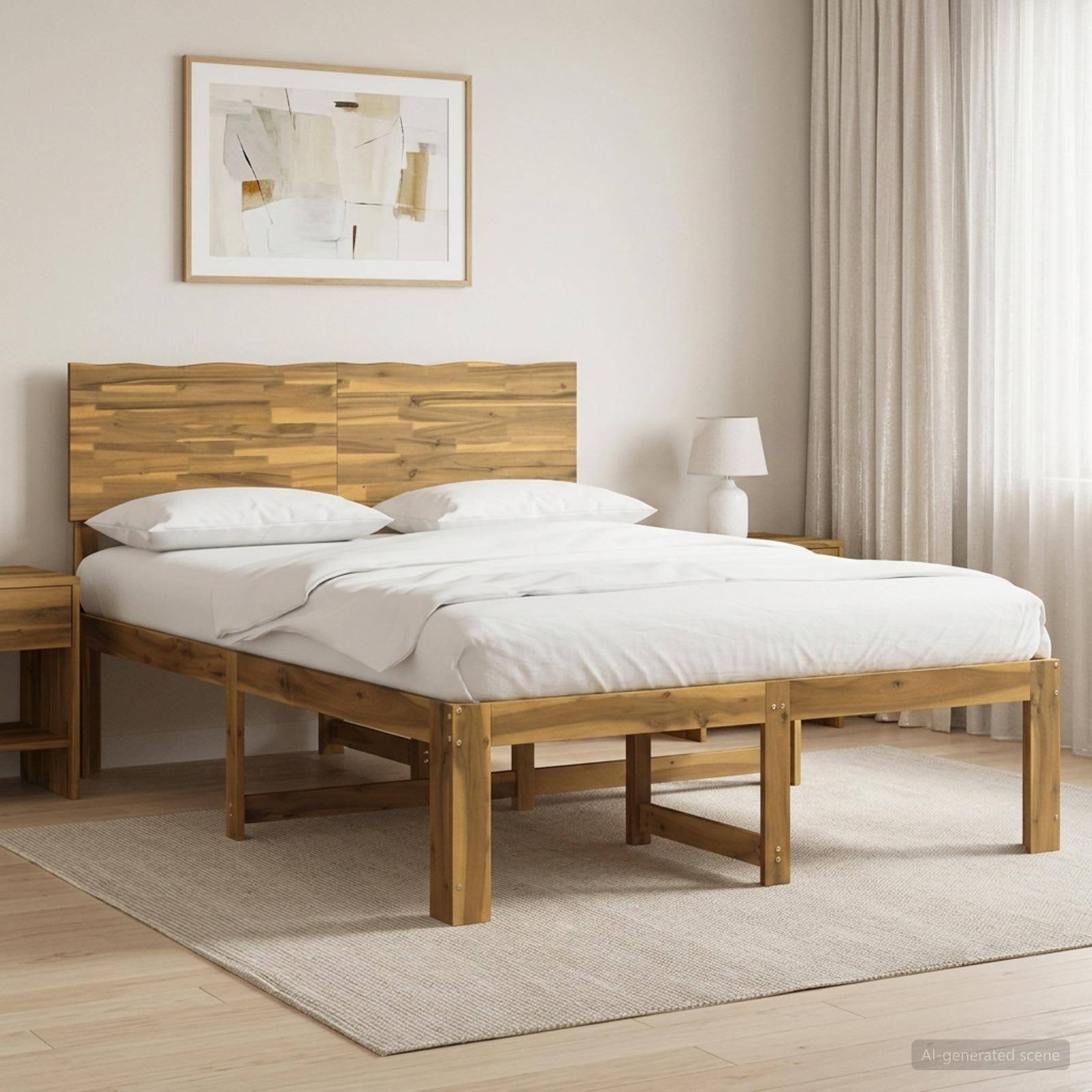 Minimales Schlafzimmer mit einem Holzbettrahmen, weißer Bettwäsche, Nachttisch, Lampe, Wandkunst und durchscheinenden Vorhängen auf einem hellen Teppich.