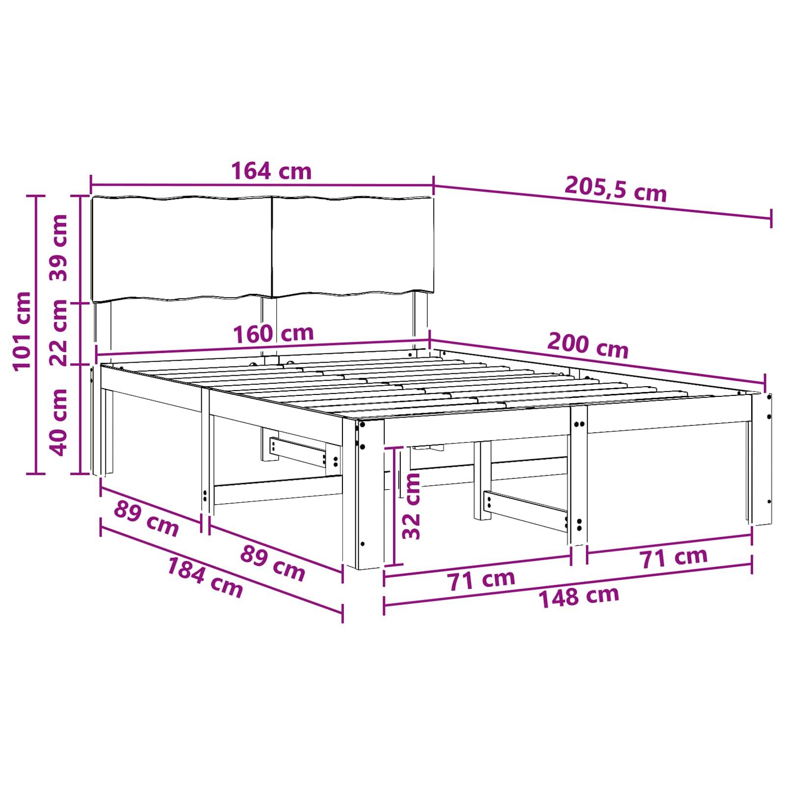 Kommentiertes Bettrahmen-Dimensionsdiagramm mit Kopfteil, zeigt die Gesamtgröße von 205,5 cm Länge, 164 cm Breite, 101 cm Höhe und wichtige Komponentenmessungen in Zentimetern.