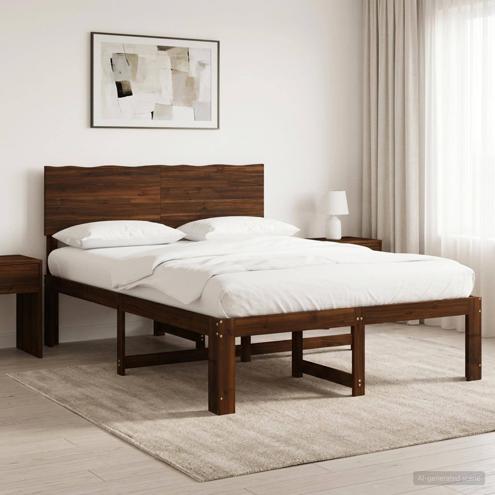 Ein minimalistisches Schlafzimmer mit einem Holzbett, weißer Bettwäsche, Nachttischen, einer Lampe, Wandkunst und durchsichtigen Vorhängen neben einem hellen Fenster.