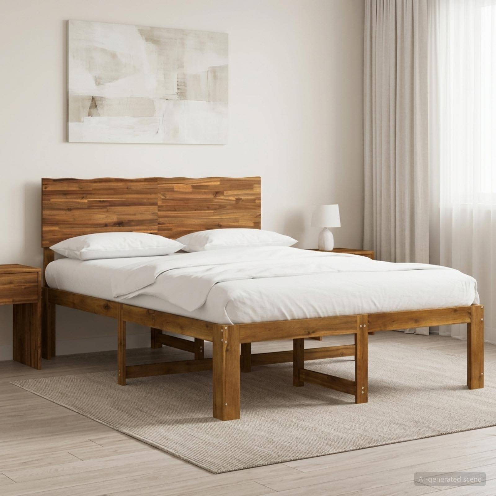 Minimalistisches Schlafzimmer mit einem Holzbett, weißer Bettwäsche, Nachttischen, Wandkunst und Vorhängen an einem hellen Fenster.