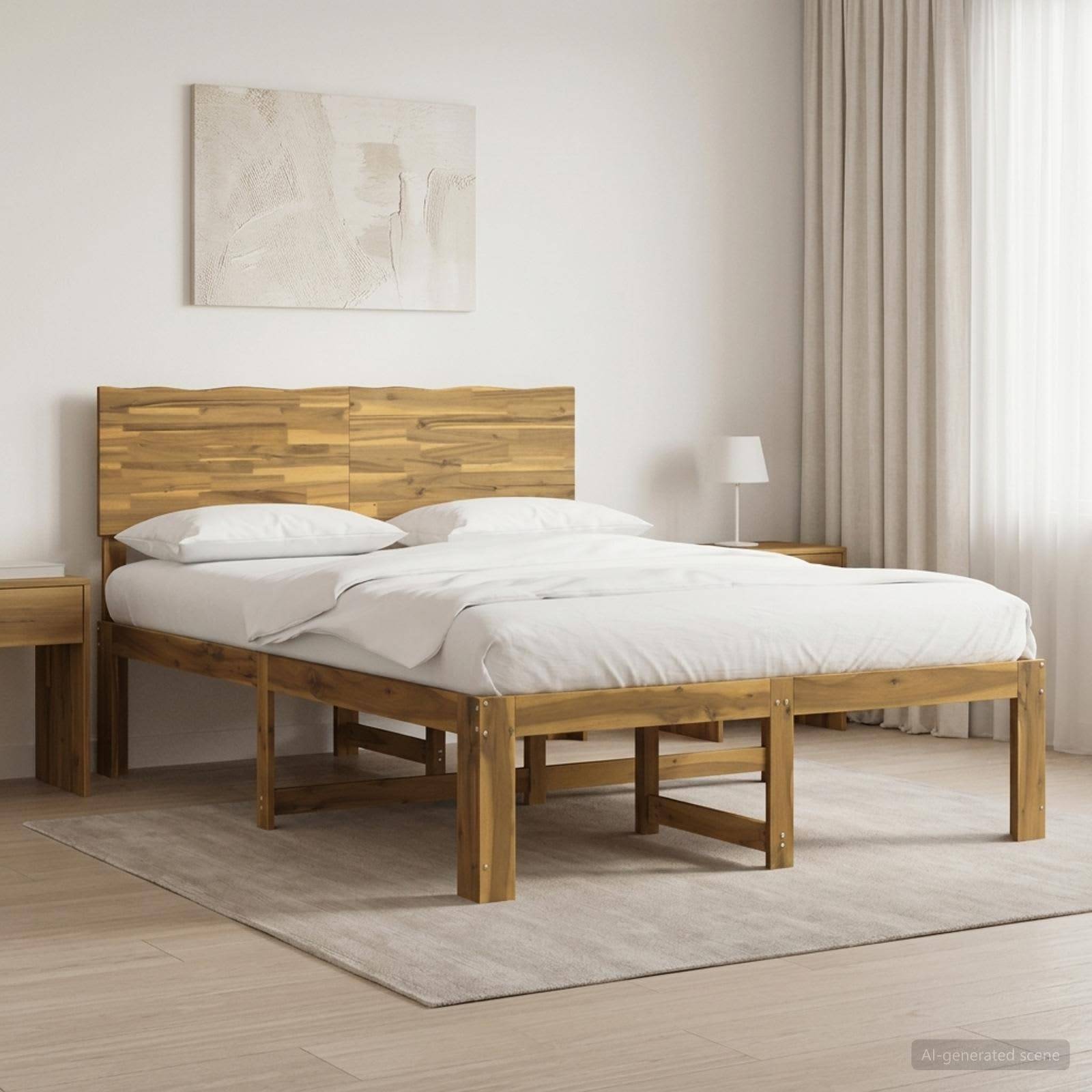 Minimalistisches Holzbett mit weißer Bettwäsche in einem hellen, modernen Schlafzimmer, neben einem kleinen Nachttisch und durchscheinenden Gardinen.
