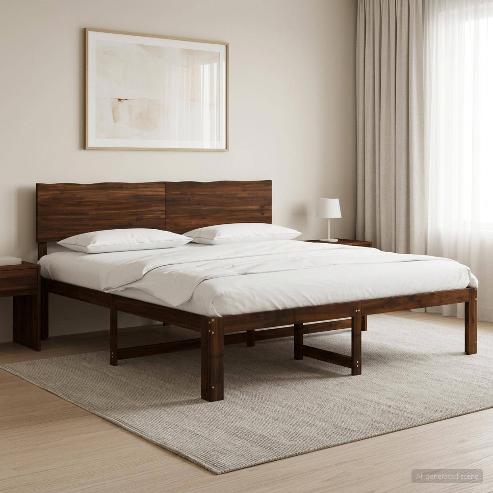 Minimales Schlafzimmer mit einem Holzbettgestell, weißer Bettwäsche, Nachttisch und Lampe, zentriert unter einer Wandkunst neben einem hellen Fenster.
