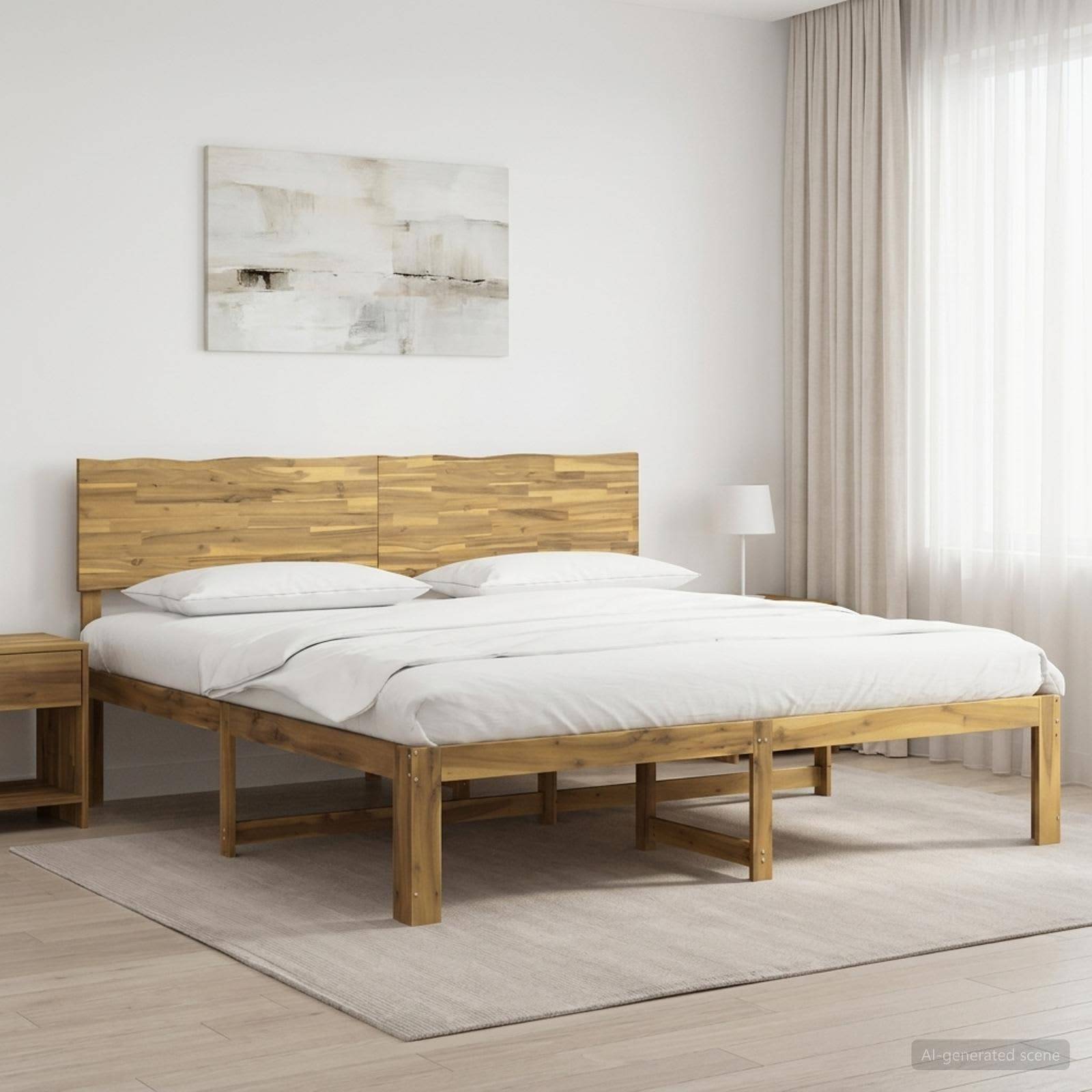 Minimalistisches Schlafzimmer mit einem Holzbettrahmen, weißer Bettwäsche, Nachttisch und Lampe, abstrakter Wandkunst und durchsichtigen Vorhängen an einem hellen Fenster.