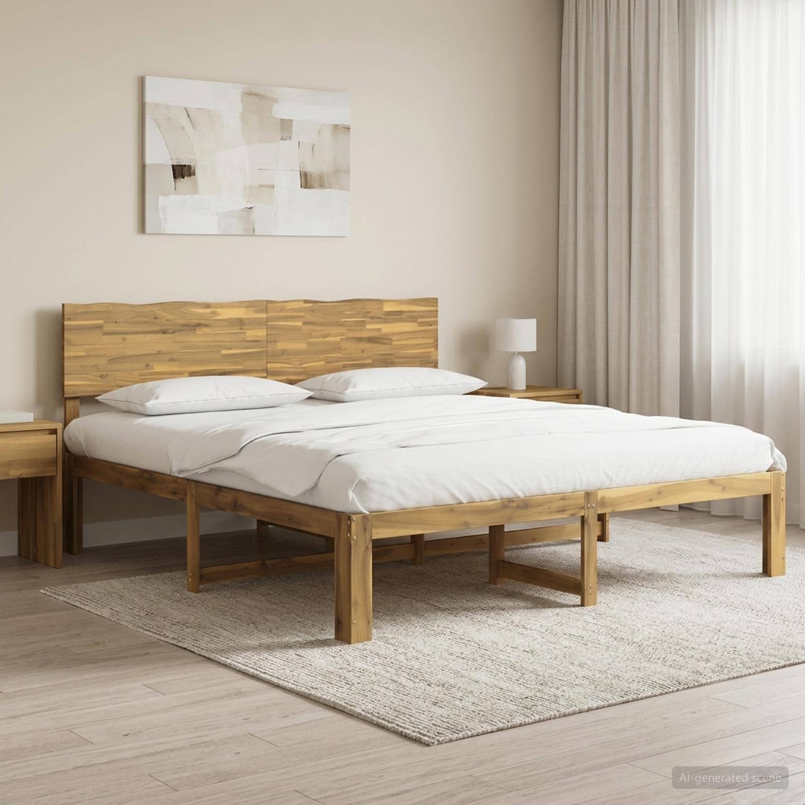 Minimalistisches Schlafzimmer mit einem Holzbett, das mit Weiß bezogen ist, passenden Nachttischen, abstrakter Wandkunst und transparenten Vorhängen vor einem hellen Fenster.