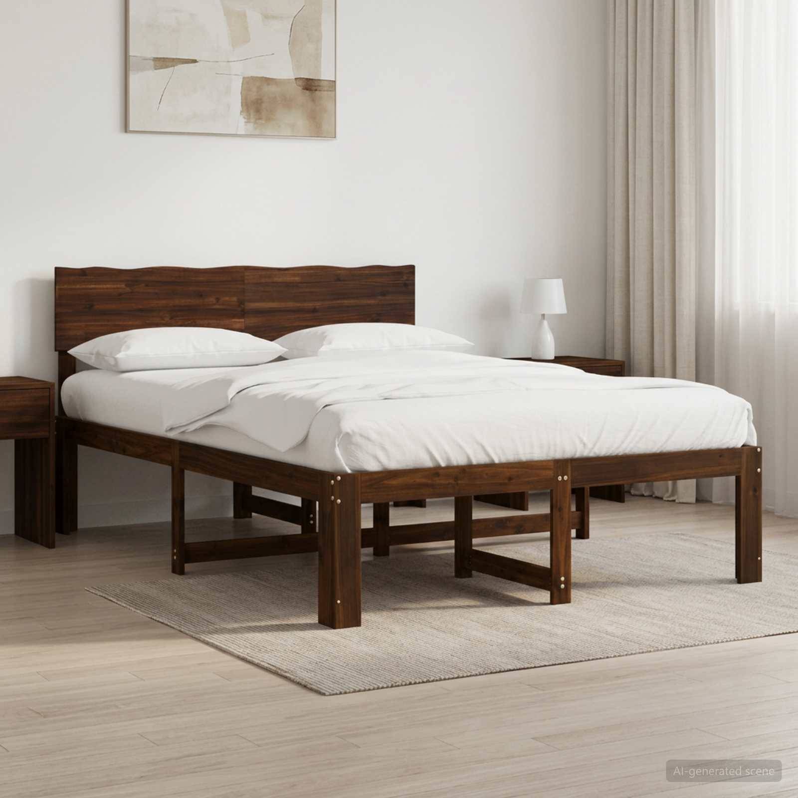 Holzbettgestell mit weißer Bettwäsche in einem minimalistischen Schlafzimmer neben einem kleinen Nachttisch und durchscheinenden Vorhängen.