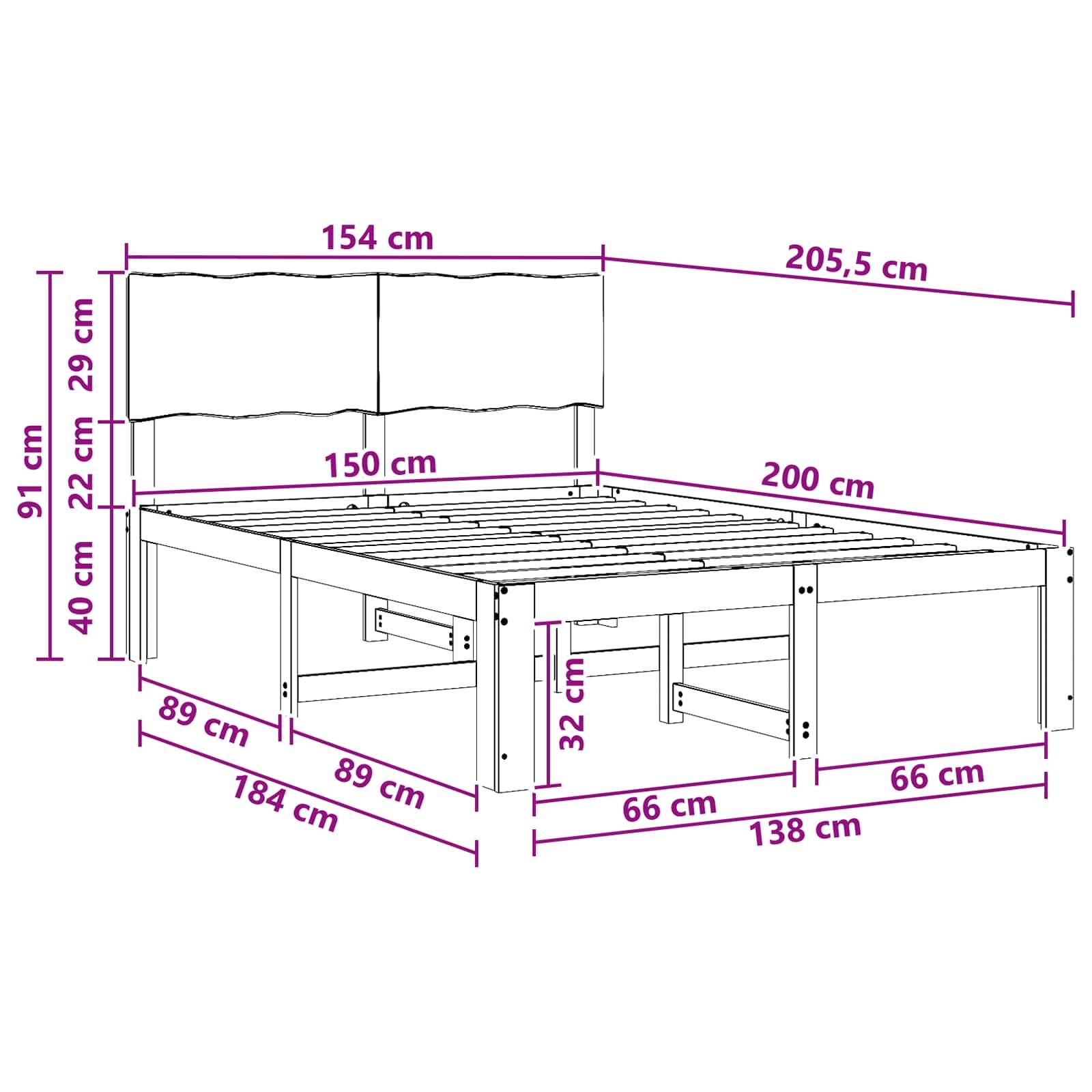Maßstabgerechte Zeichnung eines Bettes mit Kopfteil, das die Gesamtgröße von 205,5 x 200 cm zeigt, die Matratzenfl äche von 154 x 200 cm sowie verschiedene Höhen- und Freiraummessungen.
