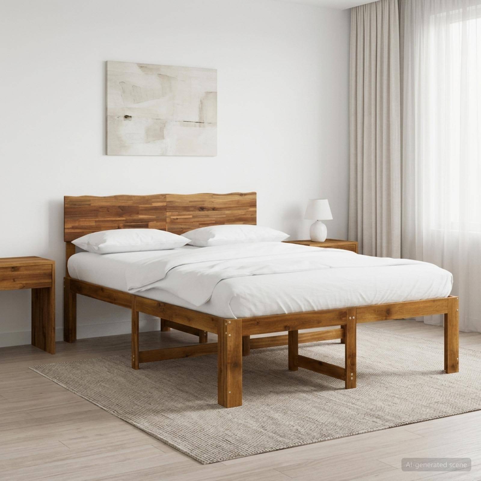 Minimales Schlafzimmer mit einem Holzbett, weißer Bettwäsche, Nachttisch, Lampe und weichen Vorhängen neben einem hellen Fenster.