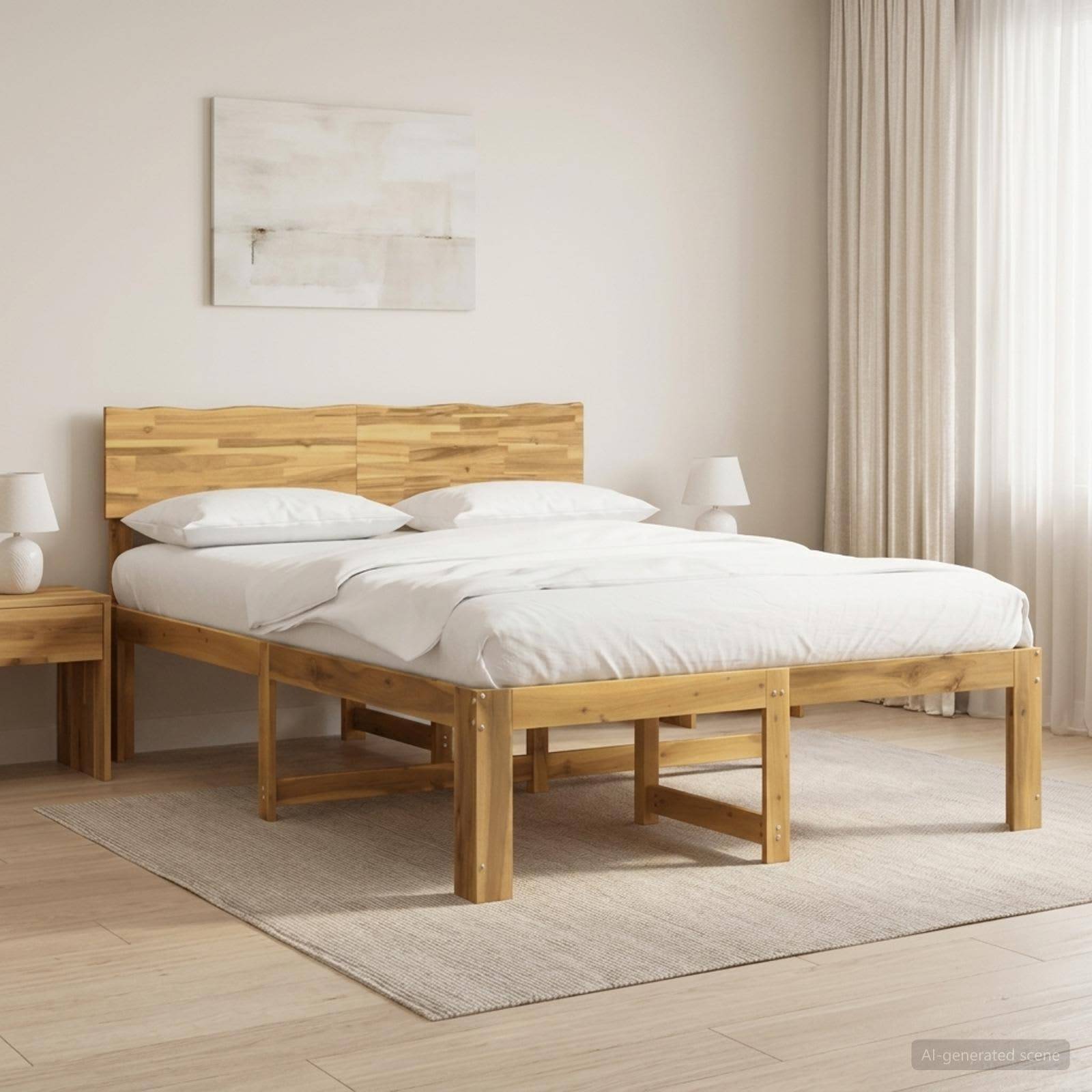 Minimalistisches Schlafzimmer mit einem Holzbett, weißer Bettwäsche, Nachttischen und Lampen, Teppich, Wandkunst und transparenten Vorhängen.