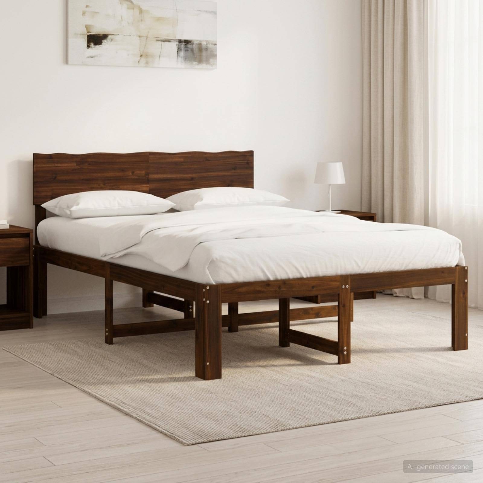 Ein ordentlich gemachtes Holzbett mit weißer Bettwäsche in einem hellen, minimalistischen Schlafzimmer neben einem kleinen Nachttisch und einer Lampe.