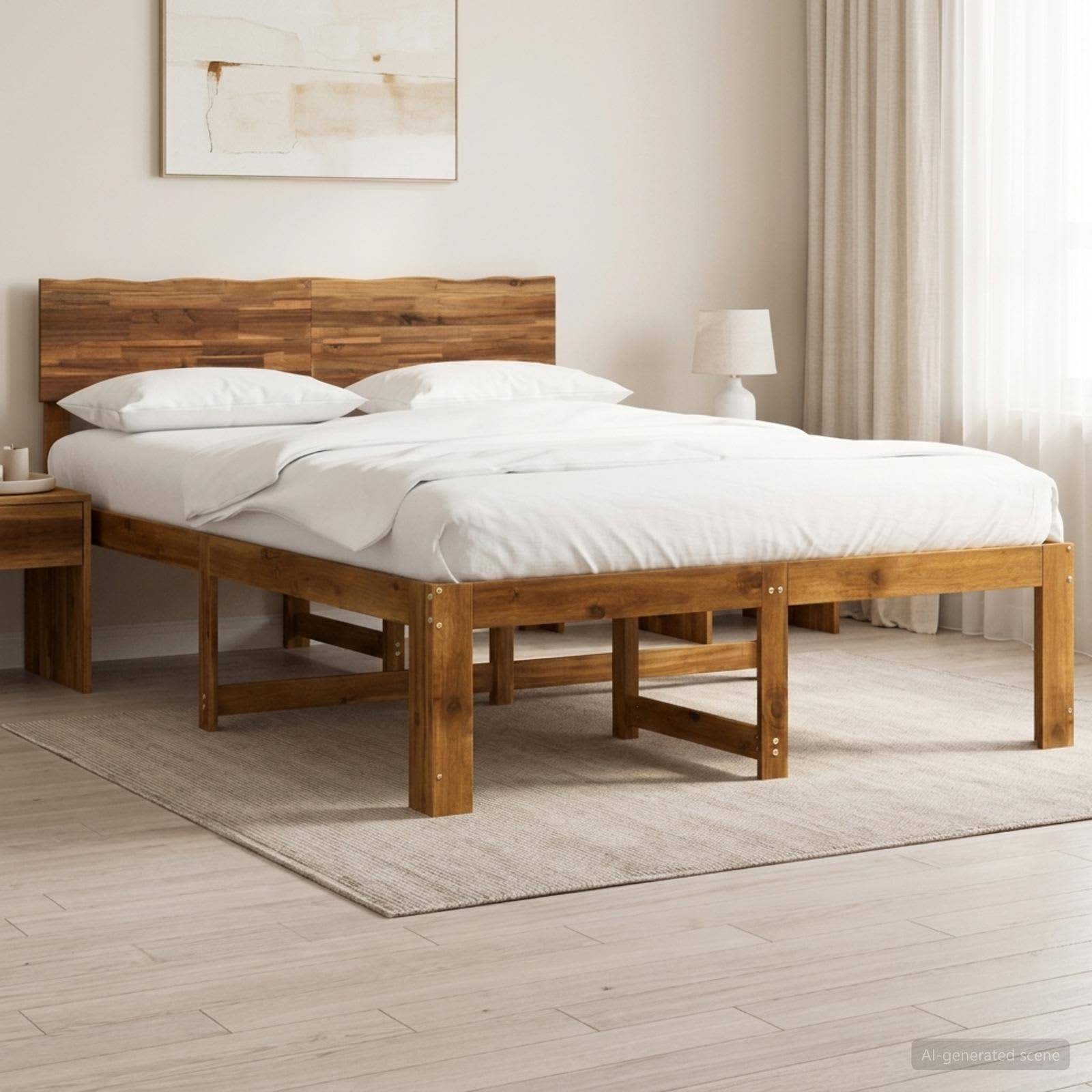 Ein Holzbett mit weißer Bettwäsche in einem minimalistischen Schlafzimmer, neben einem Nachttisch und einer Lampe.