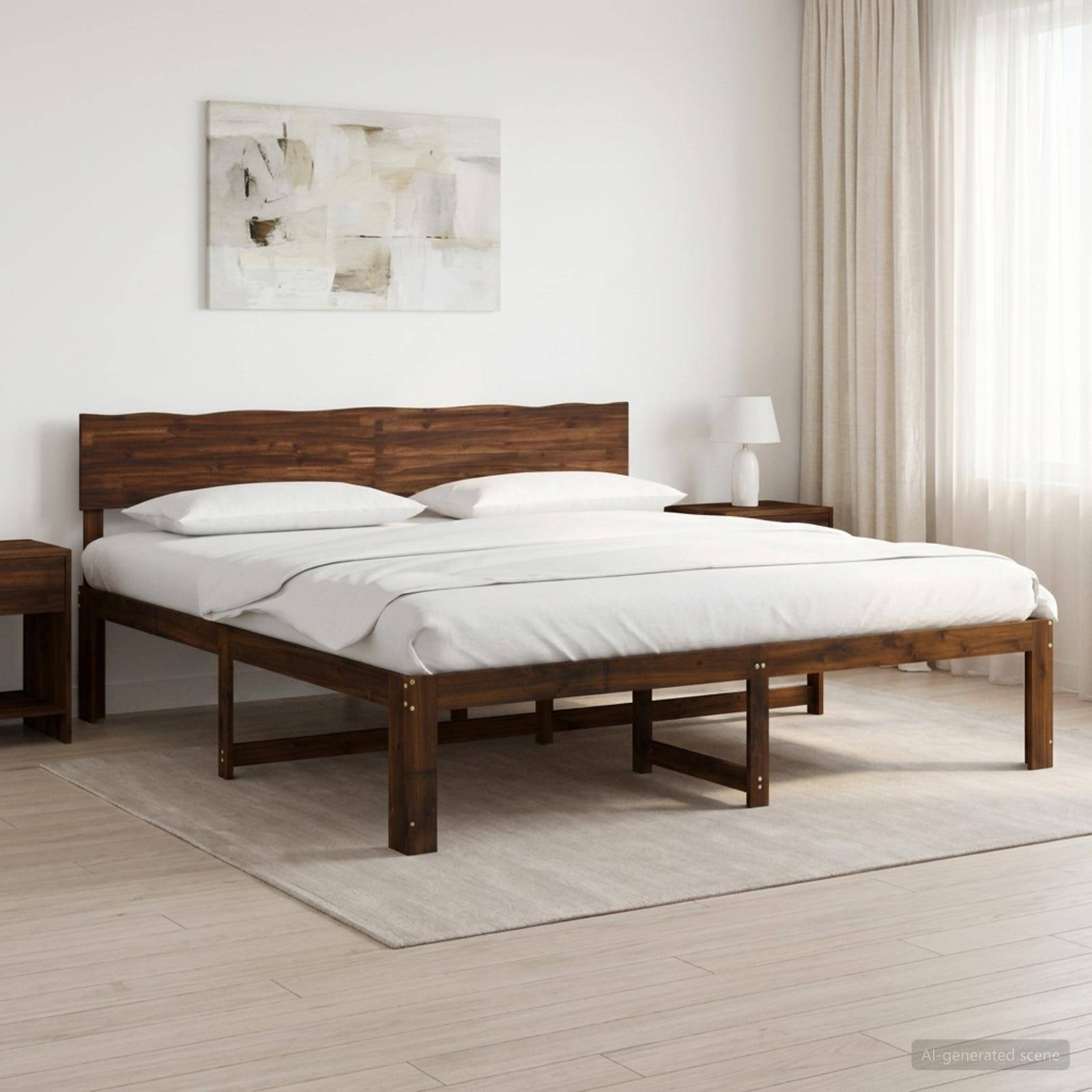 Minimalistisches Schlafzimmer mit einem Holzbett bezogen mit weißen Betttüchern, neben einem Nachttisch und einer Lampe, in der Nähe eines Fensters mit Vorhängen.