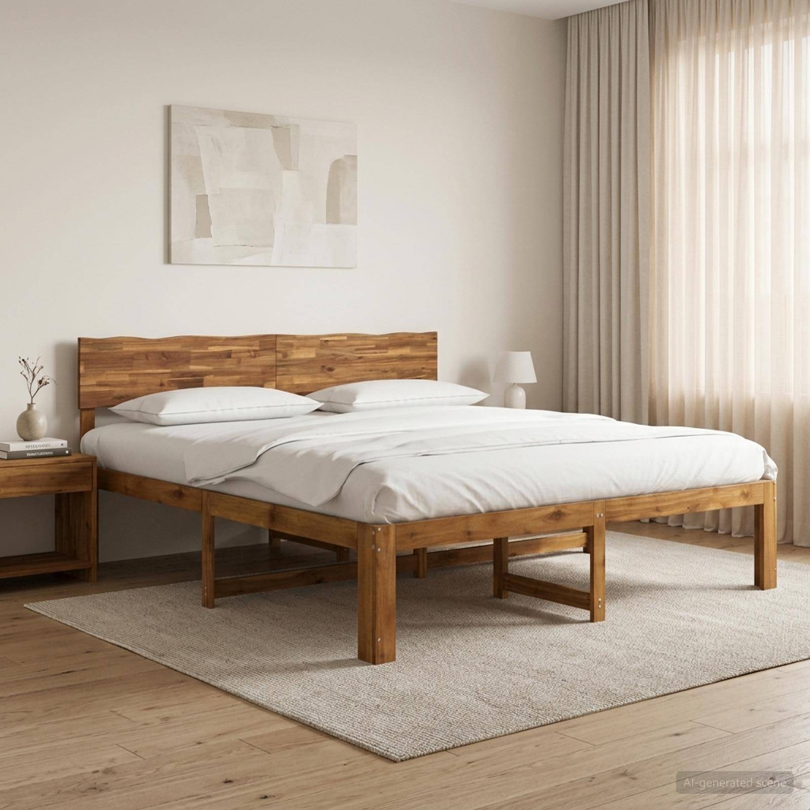 Minimales Schlafzimmer mit einem Holzbett, weißer Bettwäsche, Nachttisch, Lampe, Teppich und großem Vorhangfenster in weichem Naturlicht.