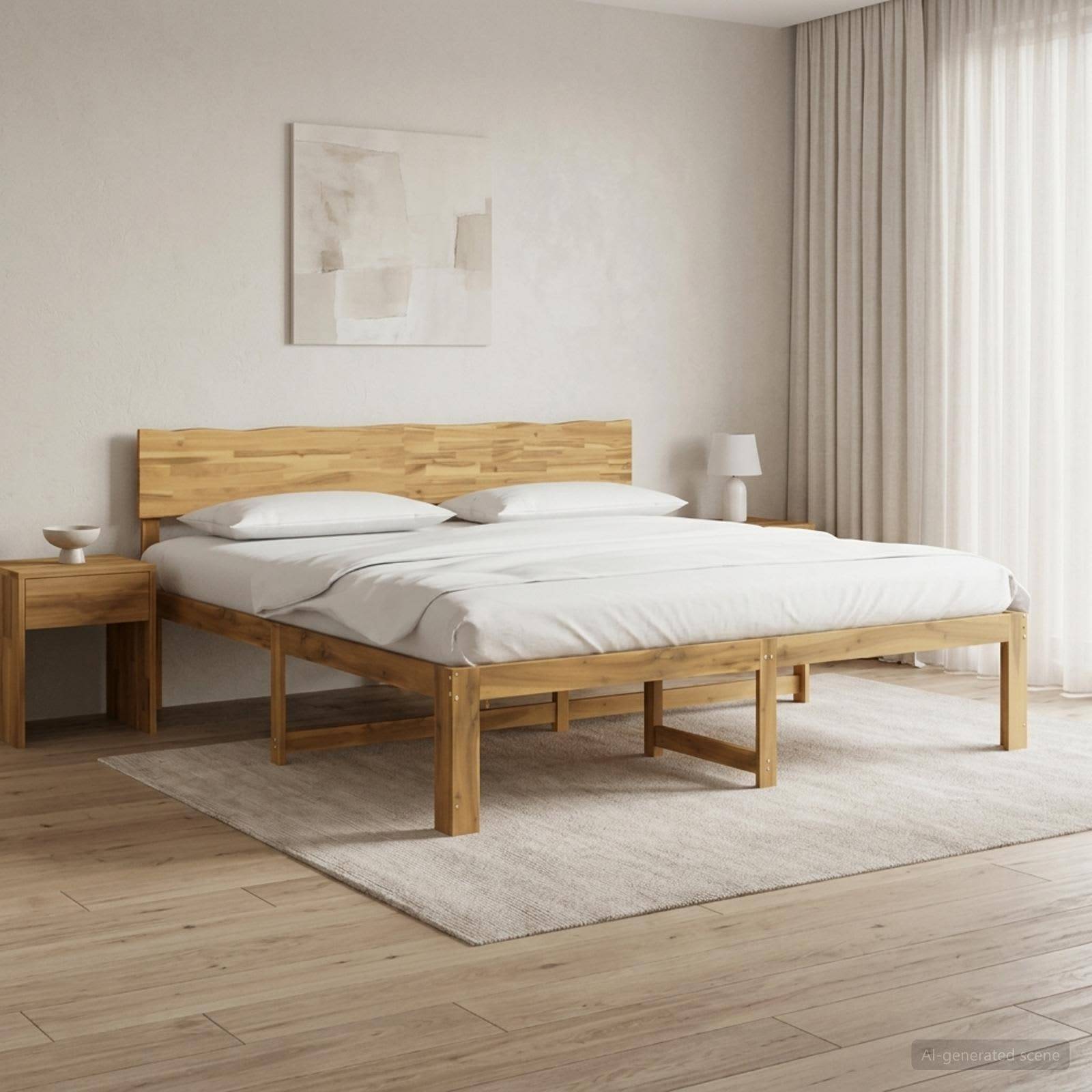 Minimalistisches Schlafzimmer mit einem Holzbett, weißer Bettwäsche, Nachttischen, abstrakter Wandkunst und durchsichtigen Vorhängen über einem hellen Teppich und Holzboden.