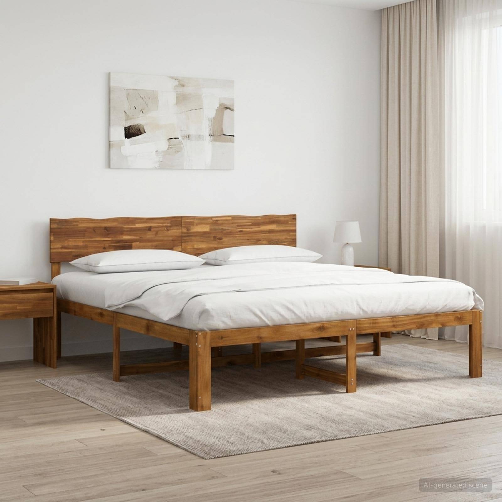 Minimales Schlafzimmer mit einem hölzernen Doppelbett, weißer Bettwäsche, Nachttisch, abstrakten Wandgemälden und bodenlangen Vorhängen neben einem hellen Fenster.