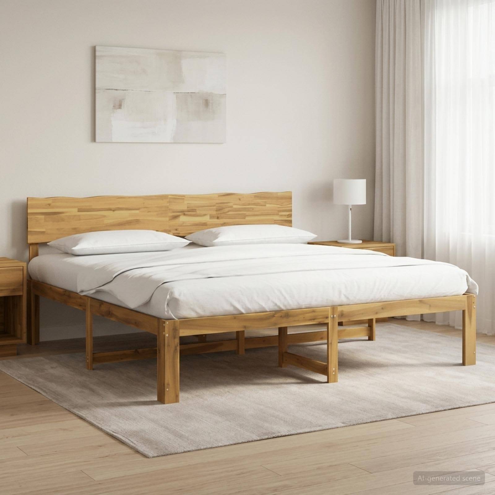 Modernes Schlafzimmer mit einem Holzbett, weißer Bettwäsche, Nachttisch und Lampe, Teppich und durchsichtigen Vorhängen an einem hellen Fenster.