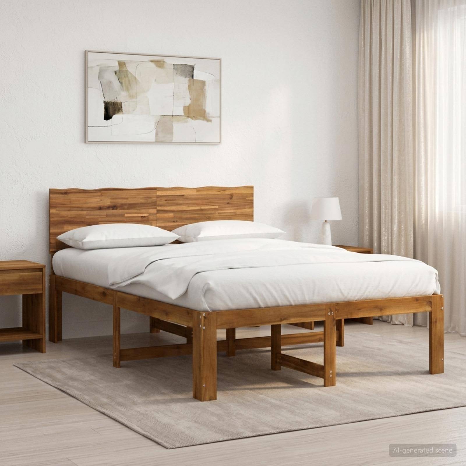 Minimales Schlafzimmer mit Holzbett, weißer Bettwäsche, Nachttisch, abstrakter Wandkunst und leichten Vorhängen in einem hellen, neutralen Raum.