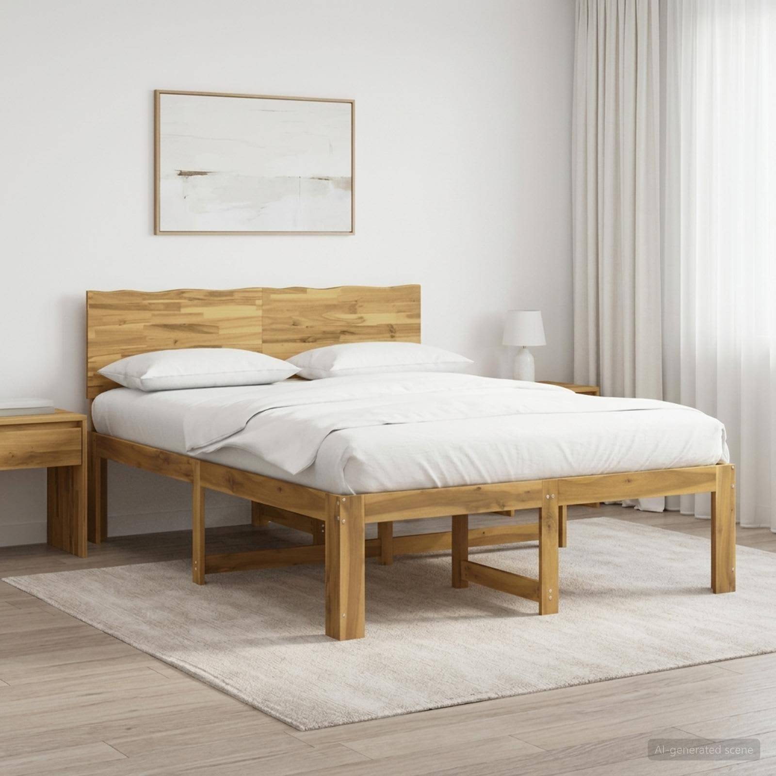 Minimales Schlafzimmer mit einem Holzbett, weißer Bettwäsche, Nachttisch, Lampe, Teppich und gerahmter Wandkunst neben einem hellen Fenster.
