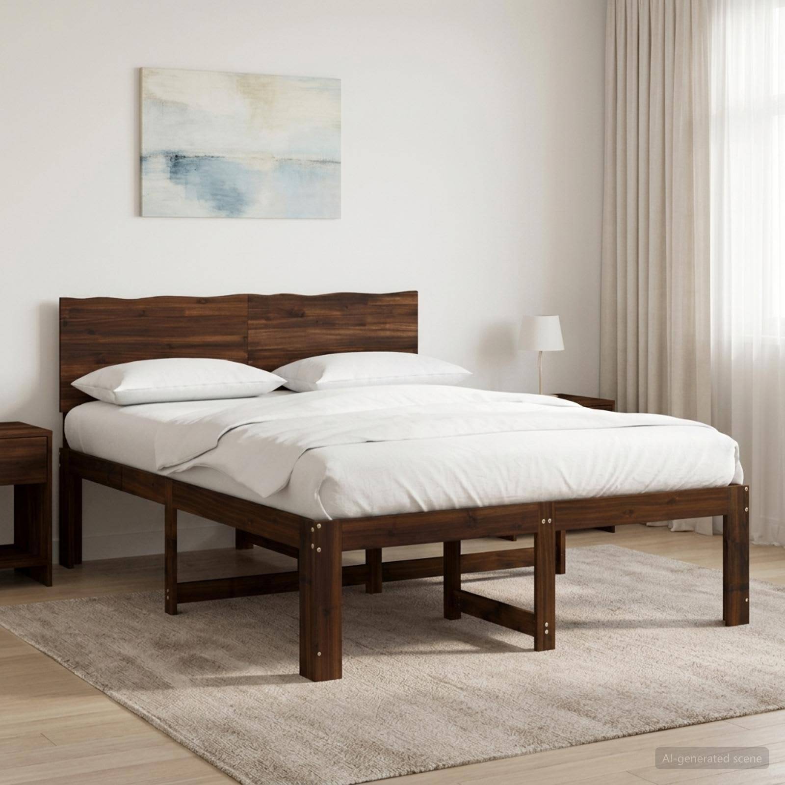 Modernes Schlafzimmer mit einem hölzernen Bett, das mit weißer Bettwäsche bezogen ist, flankiert von Nachttischen, unter abstrakter Wandkunst und neben einem Fenster mit Vorhängen.