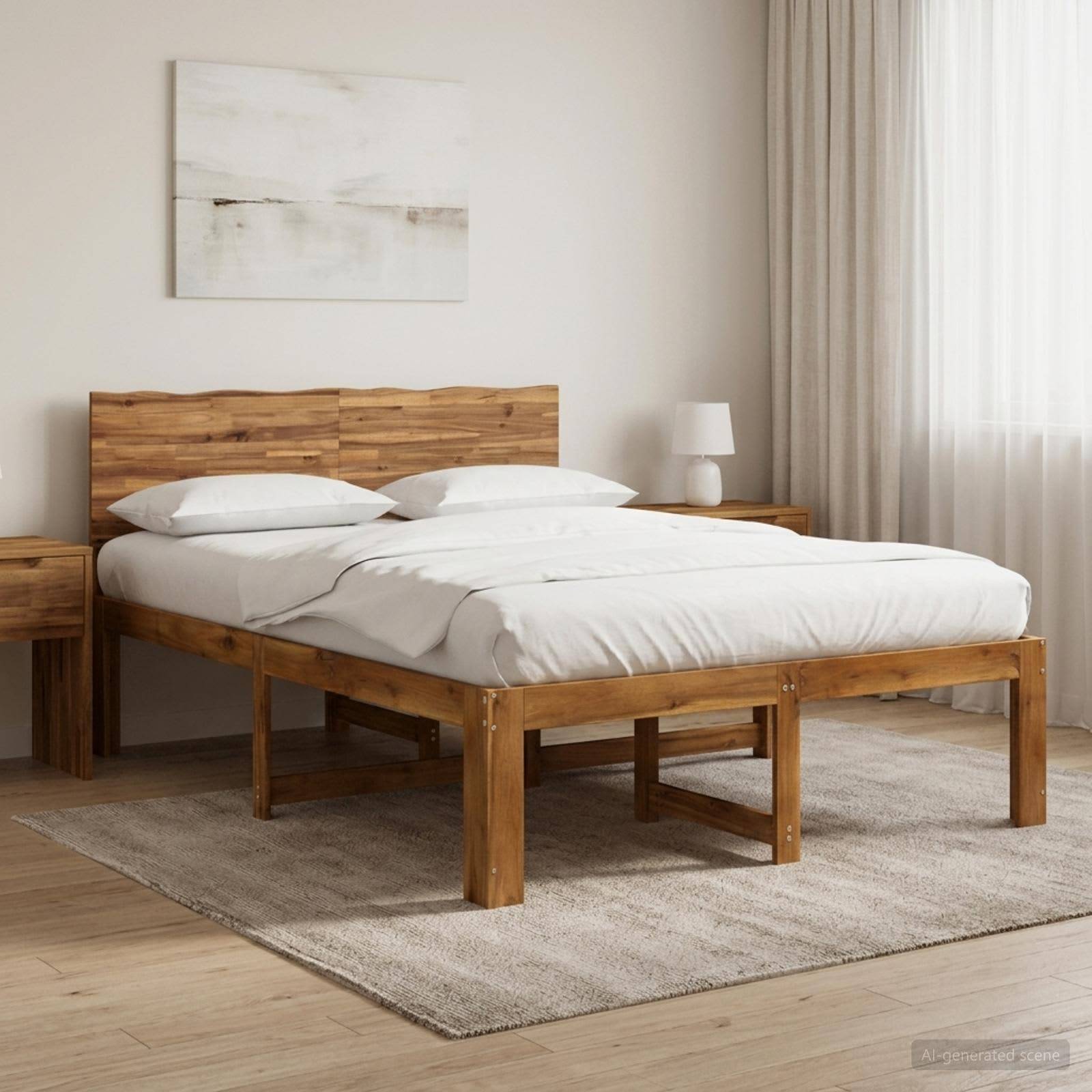 Minimalistisches Schlafzimmer mit einem Holzbett, weißer Bettwäsche, Nachttischen, Lampe, Teppich und weichen Vorhängen neben einem hellen Fenster.