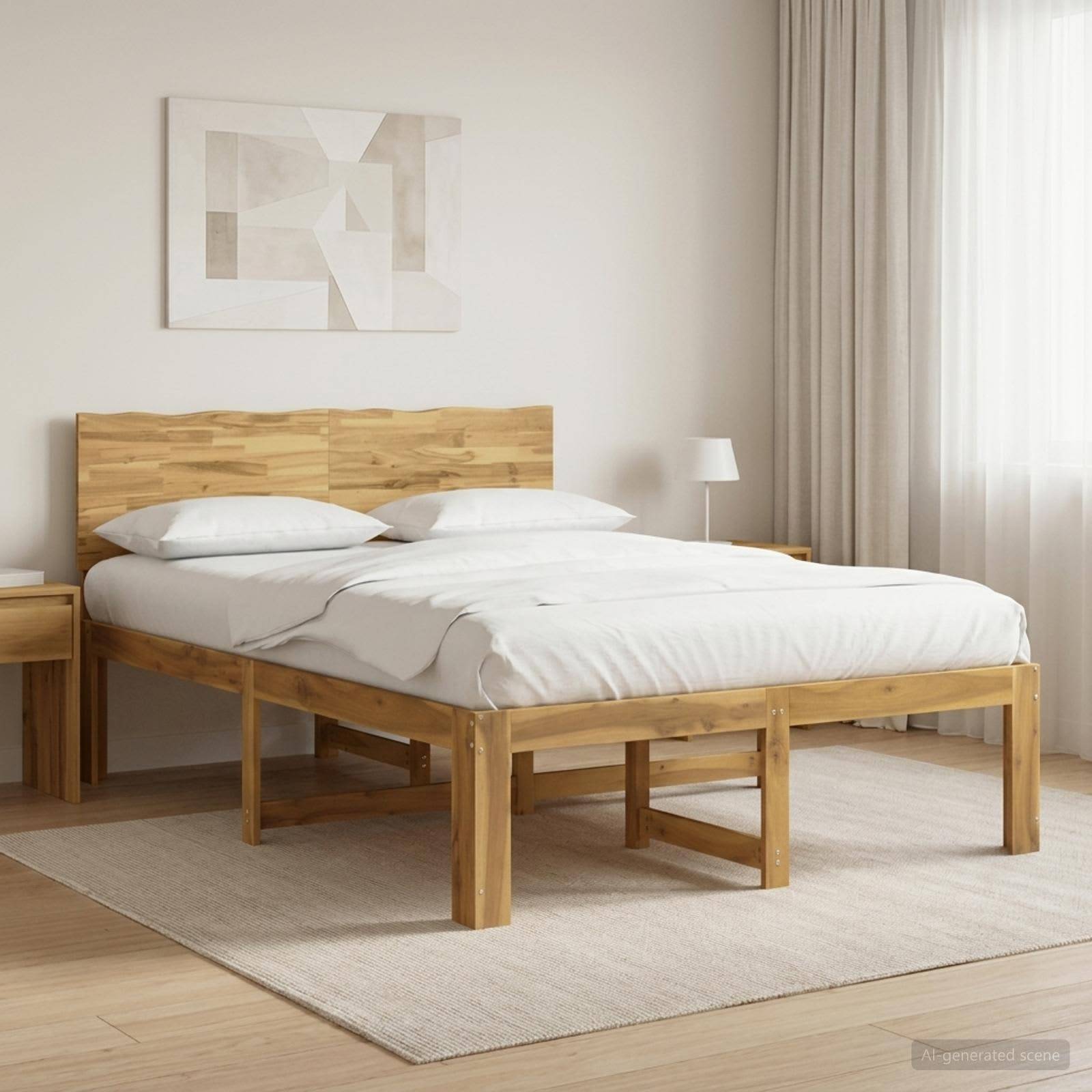 Ein minimalistisches Schlafzimmer mit einem Holzbett, das mit weißer Bettwäsche und Kissen bezogen ist, ein kleiner Nachttisch, eine Lampe, ein Teppich und durchsichtige Vorhänge an einem hellen Fenster.