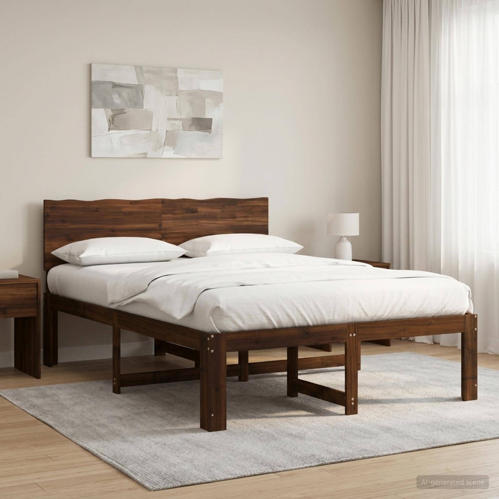 Modernes Schlafzimmer mit einem Holzbettrahmen, weißer Bettwäsche und Kissen, Nachttischen, Lampe, abstrakter Wandkunst und einem hellen Teppich neben einem Fenster mit Vorhängen.