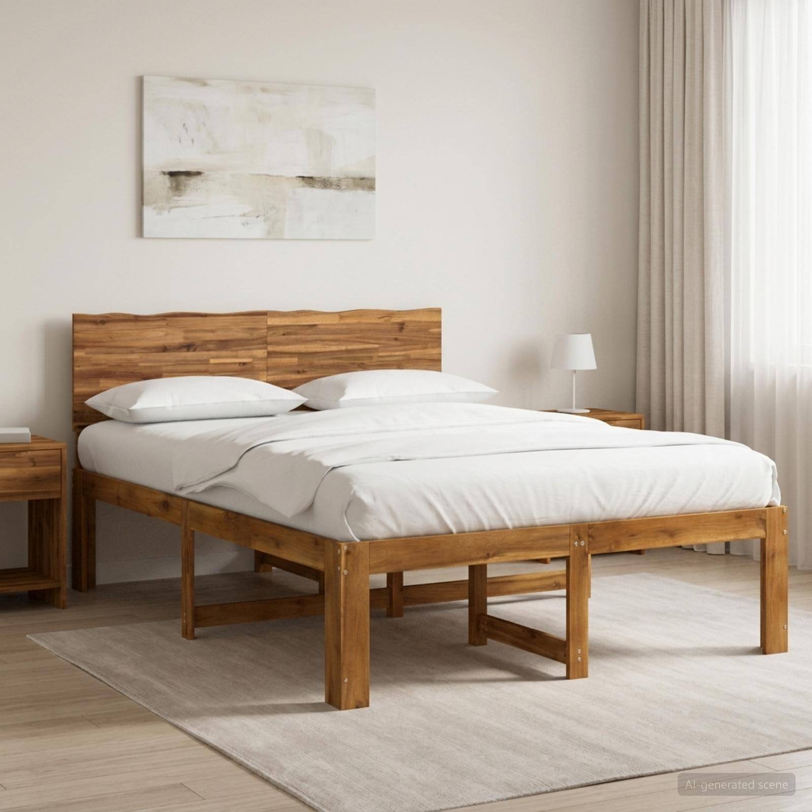 Modernes Schlafzimmer mit einem Holzbett, weißer Bettwäsche, Nachttischen, abstrakter Wandkunst und transparenten Vorhängen, die Tageslicht hereinlassen.