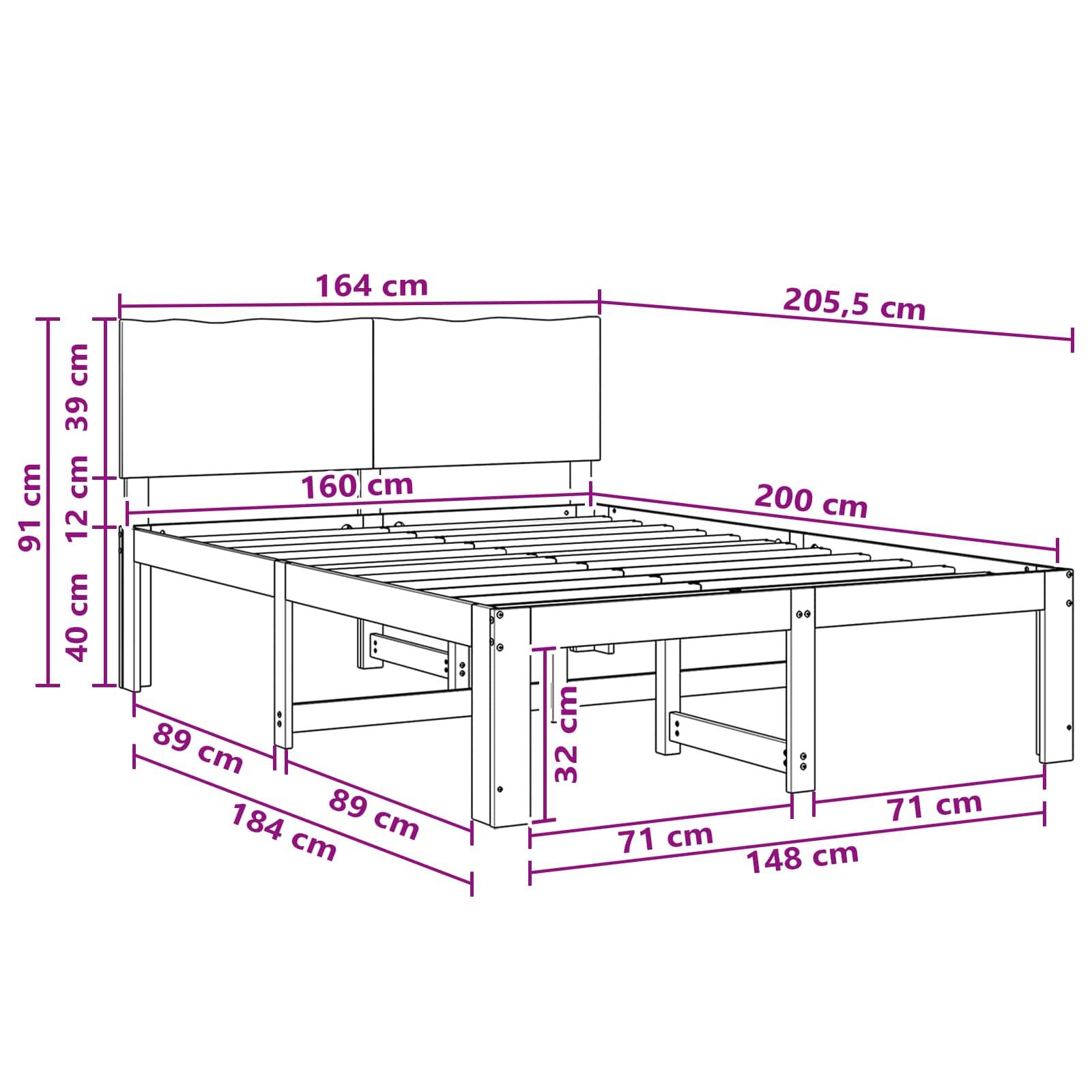 Maßstabsgerechte Zeichnung eines Betts mit Kopfteil, die die Gesamtgröße von 205,5 cm Länge, 164 cm Breite, 91 cm Höhe und weitere gekennzeichnete Komponentenmessungen zeigt.