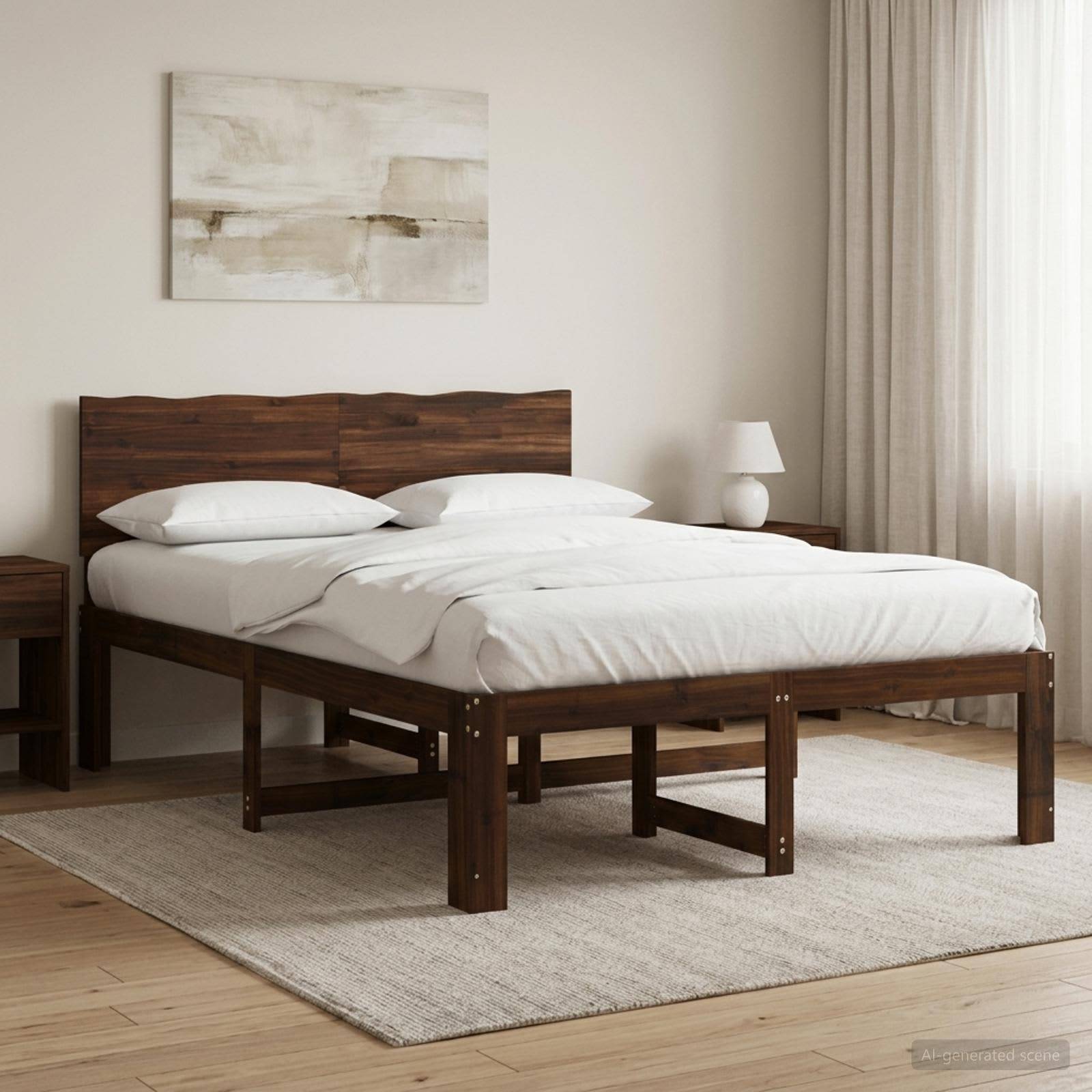 Ein minimalistisches Schlafzimmer mit einem dunklen Holzbett, das mit weißer Bettwäsche bezogen ist, einem kleinen Nachttisch und einer Lampe, abstrakter Wandkunst und beigen Vorhängen.