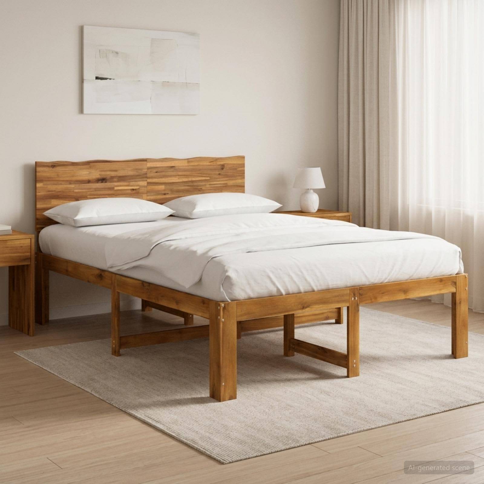 Ein ordentlich gemachtes Holzbett mit weißer Bettwäsche in einem hellen, minimalistischen Schlafzimmer, flankiert von Nachttischen und einer Lampe, neben einem Fenster mit Vorhängen.