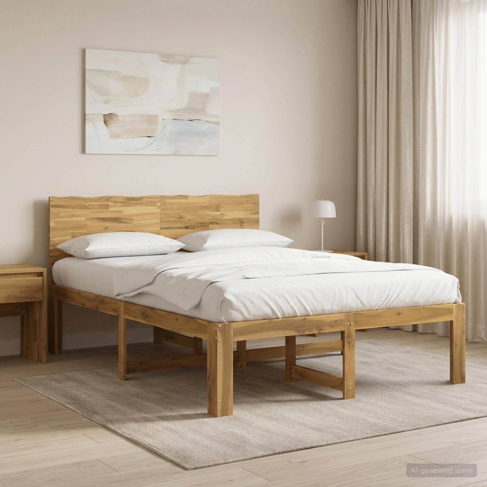 Minimales Schlafzimmer mit einem Holzbett, weißer Bettwäsche, Nachttisch, Lampe und abstrakter Wandkunst neben transparenten Vorhängen.