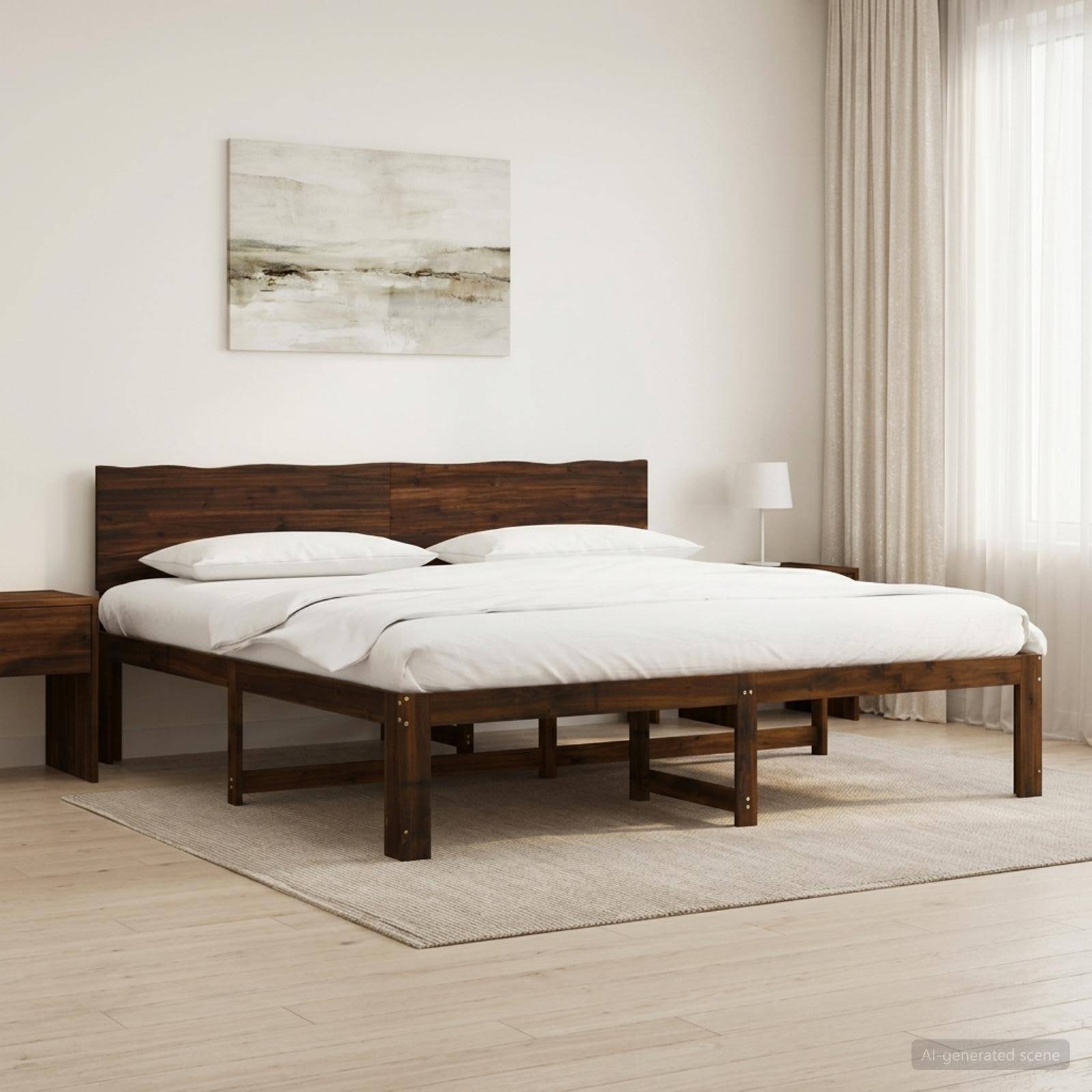 Minimalistisches Schlafzimmer mit Holzbettrahmen, weißer Bettwäsche, Nachttisch, Stehleuchte, abstrakter Wandkunst und transparenten Vorhängen.